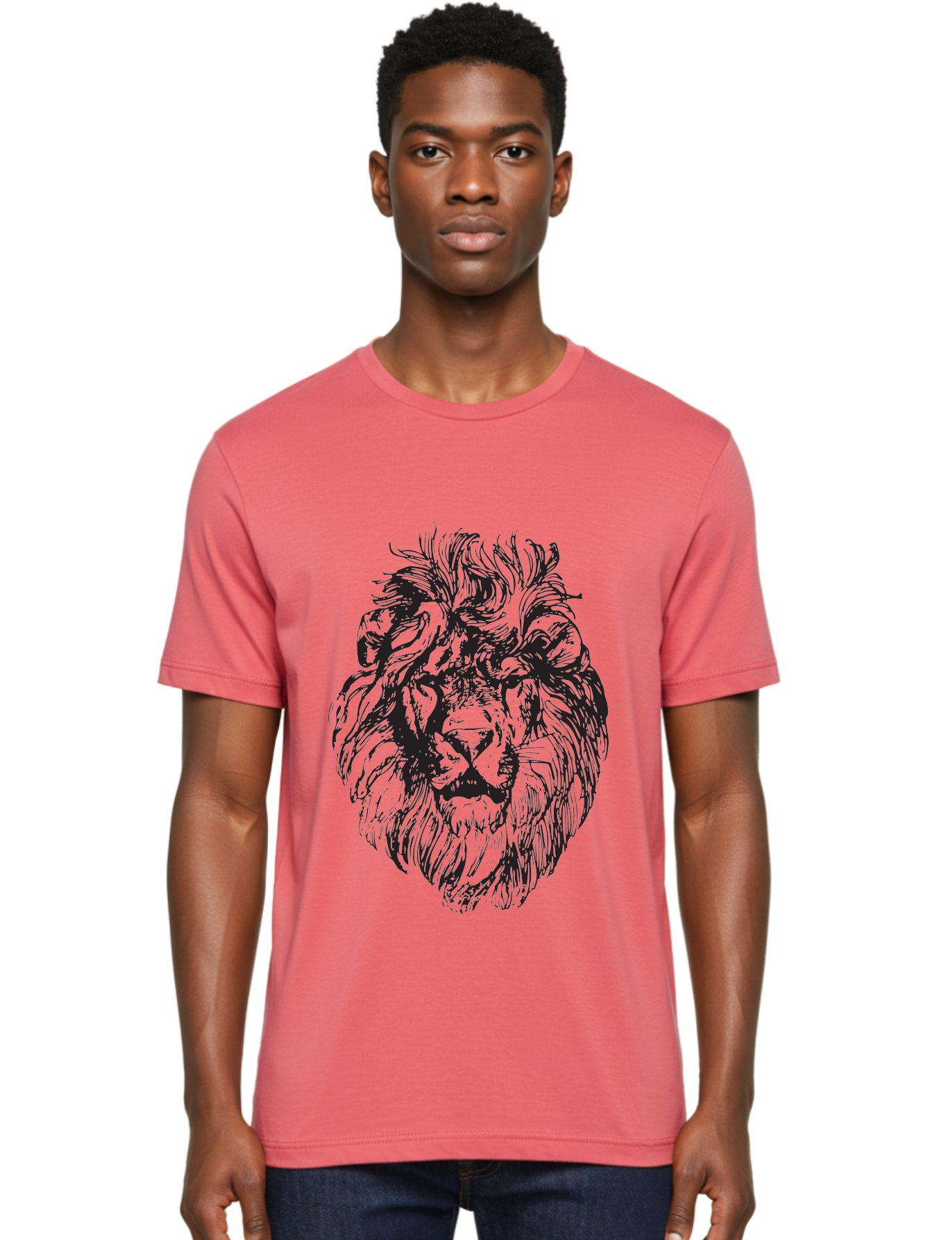 Lion-Head-Illustration Men'S Graphic Tee, 100% Cotton, Comfortable Casual Summer Wear, Machine Washable, Lion Face, Majestic Mane, Fierce Expression, Wild Animal, Sketch Art, Bold Lines, Wildlife Symbol, Courageous, Powerful Presence, Aad908