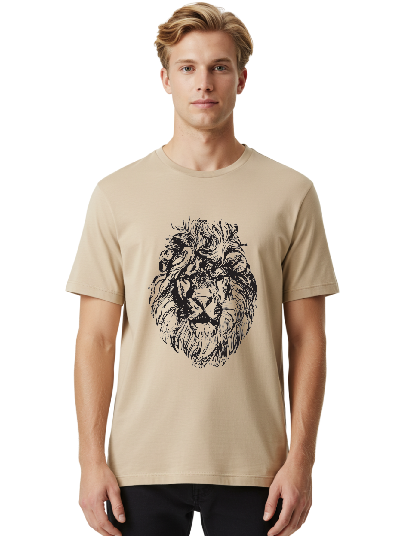 Lion-Head-Illustration Men'S Graphic Tee, 100% Cotton, Comfortable Casual Summer Wear, Machine Washable, Lion Face, Majestic Mane, Fierce Expression, Wild Animal, Sketch Art, Bold Lines, Wildlife Symbol, Courageous, Powerful Presence, Aad908