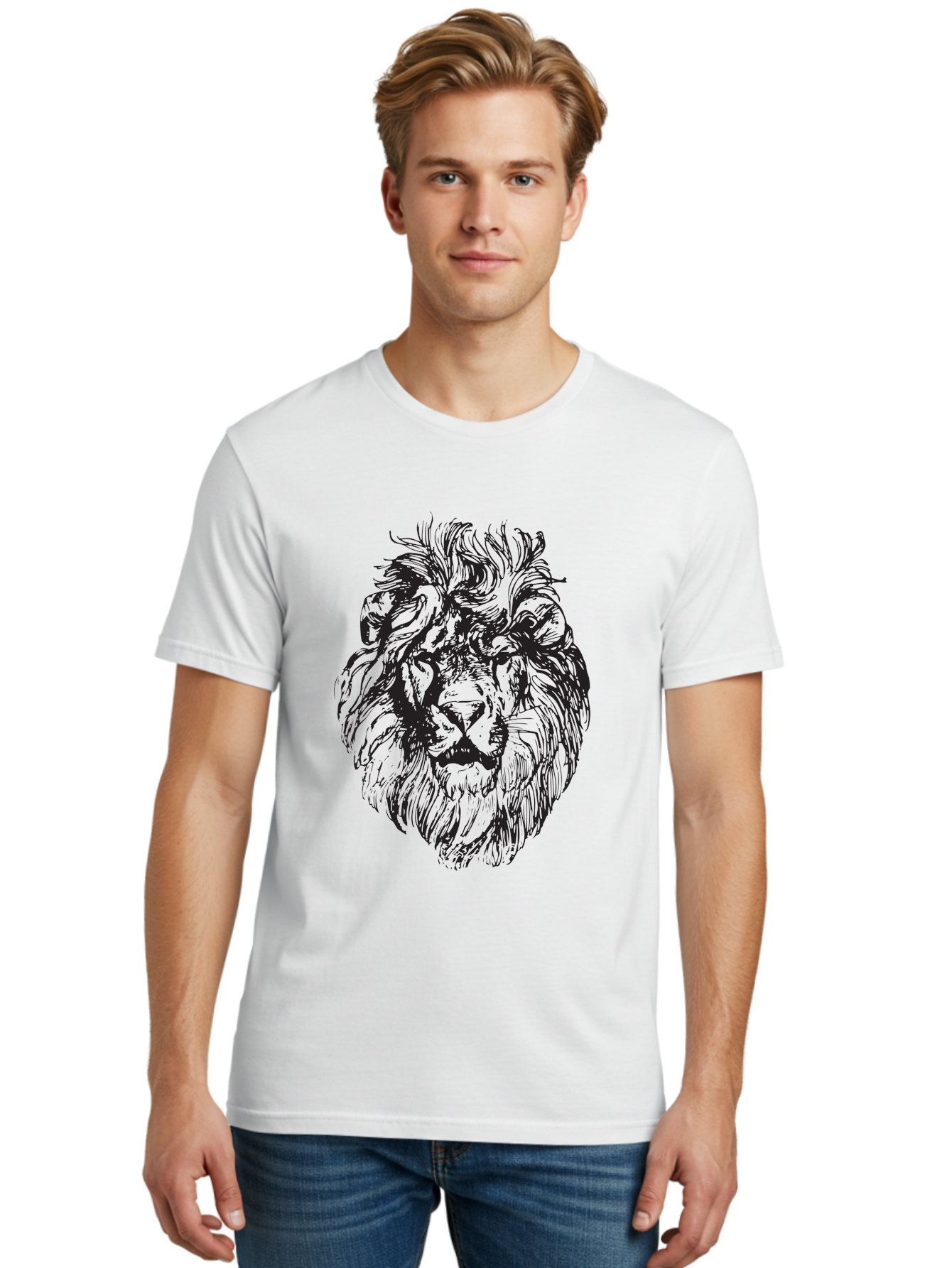 Lion-Head-Illustration Men'S Graphic Tee, 100% Cotton, Comfortable Casual Summer Wear, Machine Washable, Lion Face, Majestic Mane, Fierce Expression, Wild Animal, Sketch Art, Bold Lines, Wildlife Symbol, Courageous, Powerful Presence, Aad908