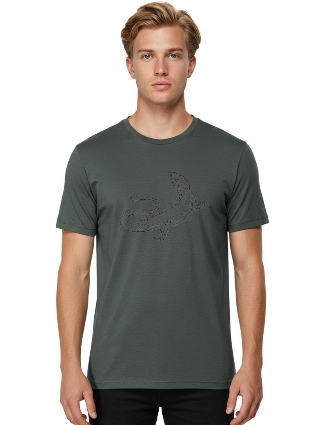 Lizard Men'S Graphic Tee, 100% Cotton, Comfortable Casual Summer Wear, Machine Washable, Sketch Of Lizard, Reptile Illustration, Wildlife Art, Simple Line Drawing, Lizard Resting, Relaxed Pose Aad911