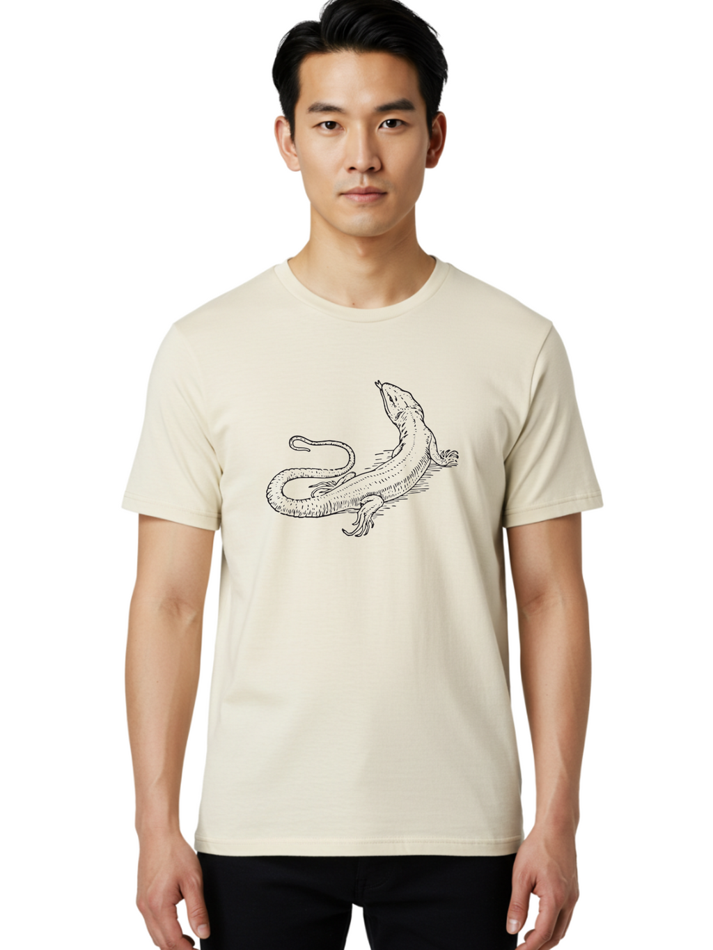 Lizard Men'S Graphic Tee, 100% Cotton, Comfortable Casual Summer Wear, Machine Washable, Sketch Of Lizard, Reptile Illustration, Wildlife Art, Simple Line Drawing, Lizard Resting, Relaxed Pose Aad911