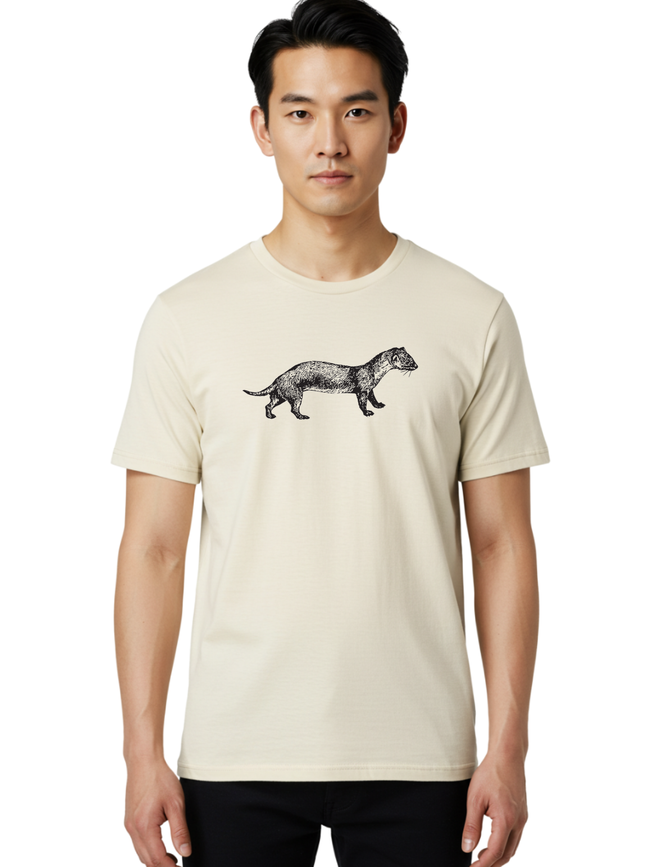 Mongoose-Sketch Men'S Graphic Tee, 100% Cotton, Comfortable Casual Summer Wear, Machine Washable, Ferret Illustration, Animal Art, Wildlife Drawing, Black And Green, Detailed Sketch, Mammal Portrait, Whiskers, Furry Texture, Cartoon Style Aad914