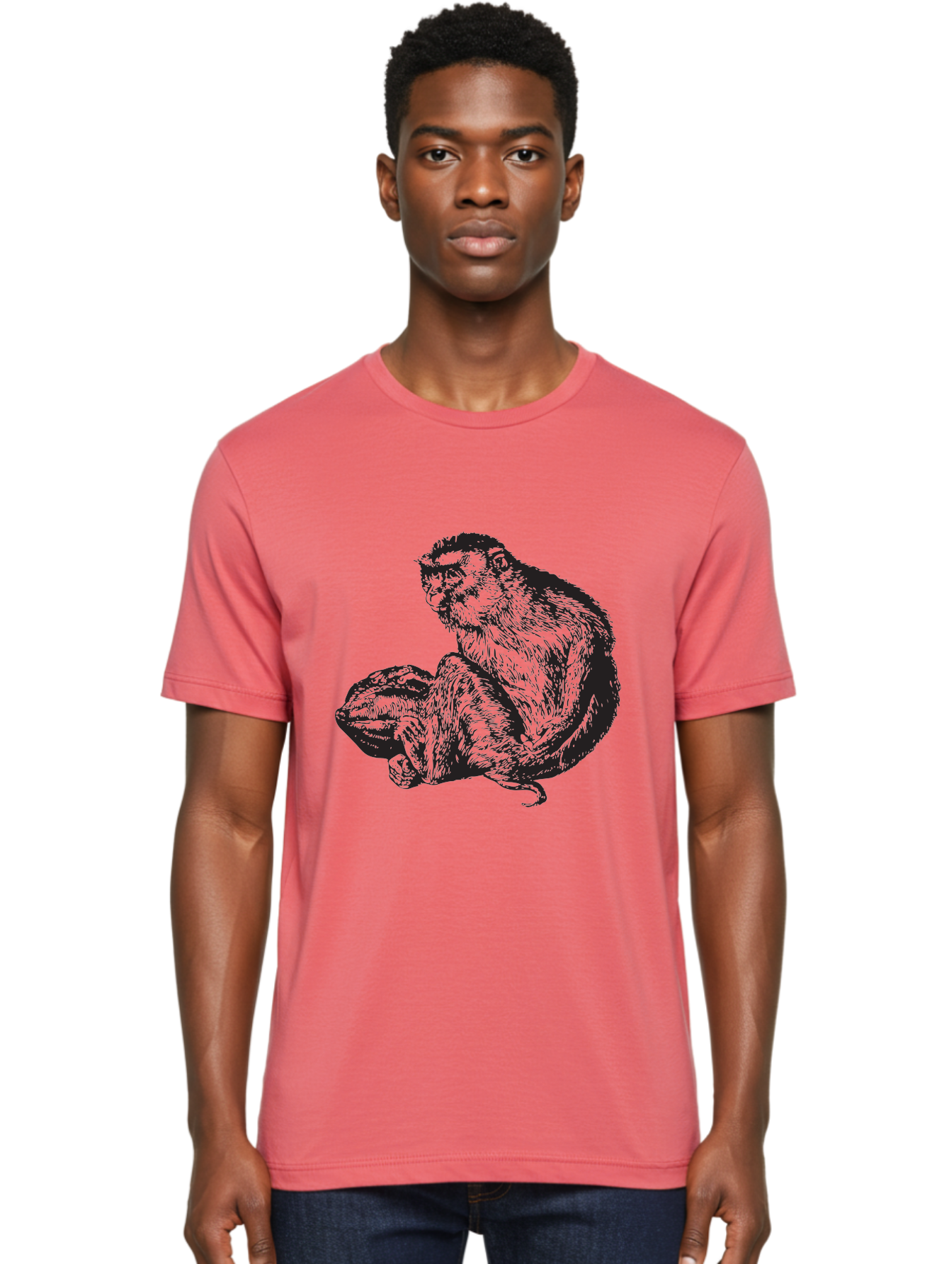 Monkey-And-Baby Men'S Graphic Tee, 100% Cotton, Comfortable Casual Summer Wear, Machine Washable, Monkey Holding Baby Monkey, Primate Love, Primate Family, Animal Bonding, Nurturing, Wildlife Illustration, Detailed Drawing Aad915