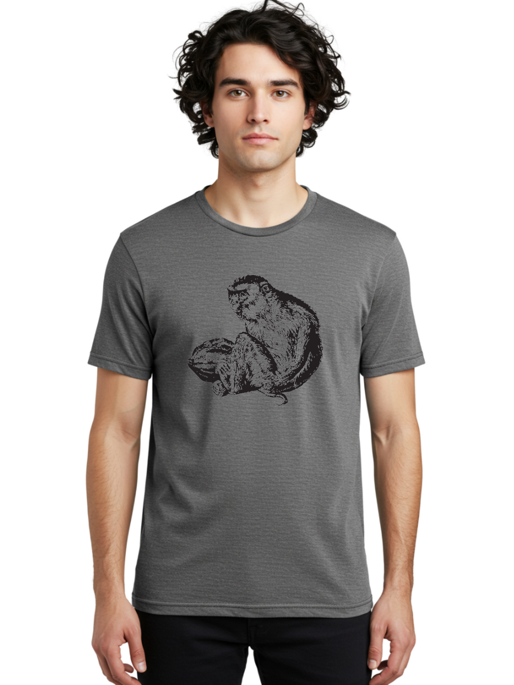Monkey-And-Baby Men'S Graphic Tee, 100% Cotton, Comfortable Casual Summer Wear, Machine Washable, Monkey Holding Baby Monkey, Primate Love, Primate Family, Animal Bonding, Nurturing, Wildlife Illustration, Detailed Drawing Aad915