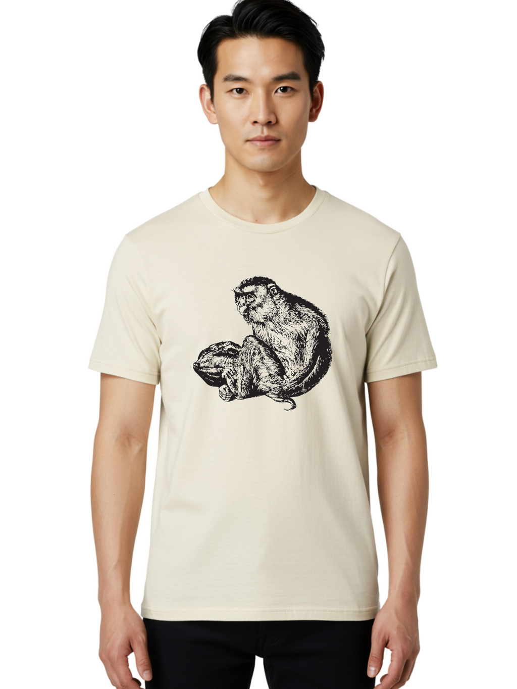 Monkey-And-Baby Men'S Graphic Tee, 100% Cotton, Comfortable Casual Summer Wear, Machine Washable, Monkey Holding Baby Monkey, Primate Love, Primate Family, Animal Bonding, Nurturing, Wildlife Illustration, Detailed Drawing Aad915