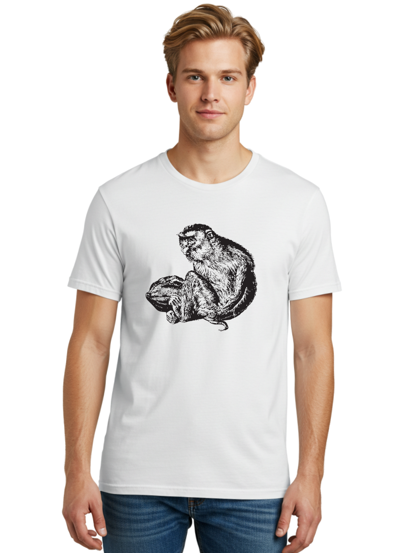 Monkey-And-Baby Men'S Graphic Tee, 100% Cotton, Comfortable Casual Summer Wear, Machine Washable, Monkey Holding Baby Monkey, Primate Love, Primate Family, Animal Bonding, Nurturing, Wildlife Illustration, Detailed Drawing Aad915