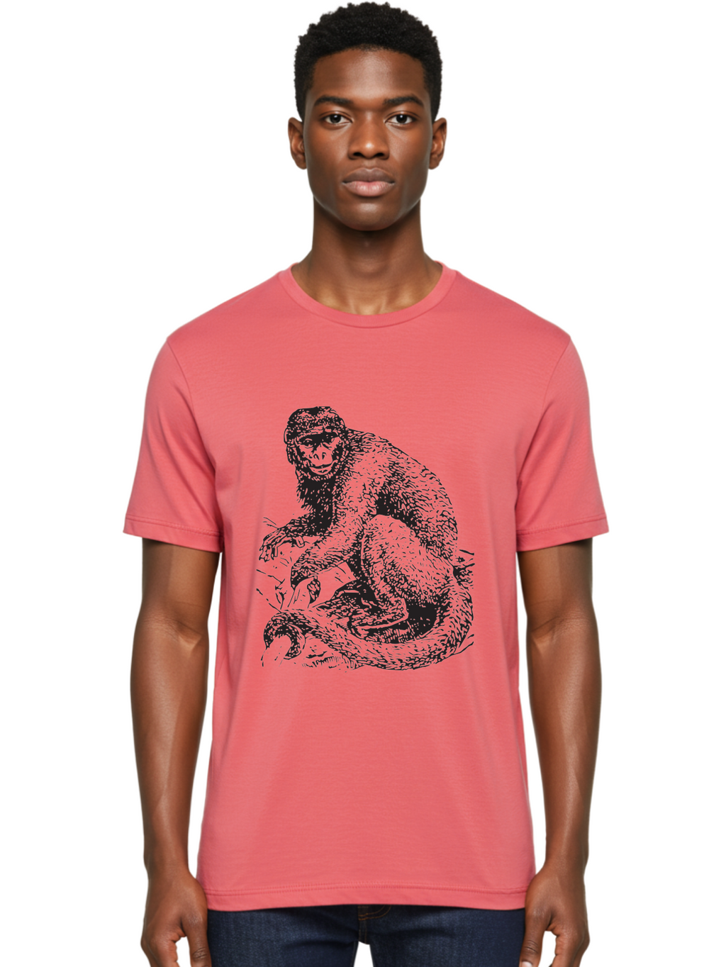 Monkey-Eating-Snake Men'S Graphic Tee, 100% Cotton, Comfortable Casual Summer Wear, Machine Washable, Monkey With Long Tail, Wildlife Art, Primate Illustration, Monkey Drawing, Furry Creature, Animal Graphics, Monkey Artwork, Simple Sketches Aad916