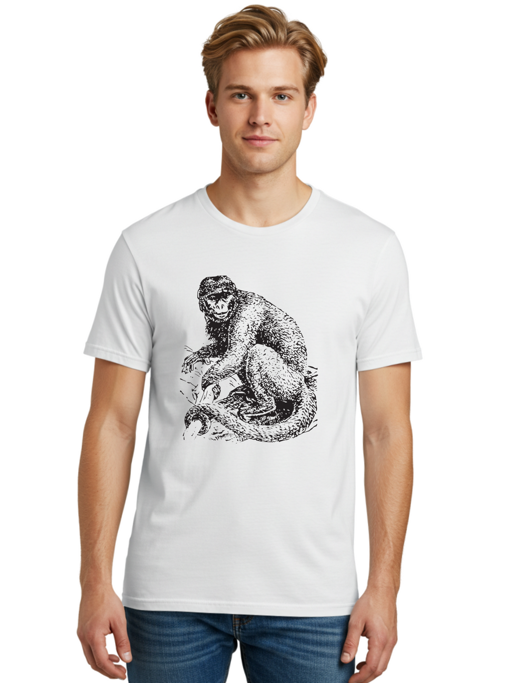Monkey-Eating-Snake Men'S Graphic Tee, 100% Cotton, Comfortable Casual Summer Wear, Machine Washable, Monkey With Long Tail, Wildlife Art, Primate Illustration, Monkey Drawing, Furry Creature, Animal Graphics, Monkey Artwork, Simple Sketches Aad916