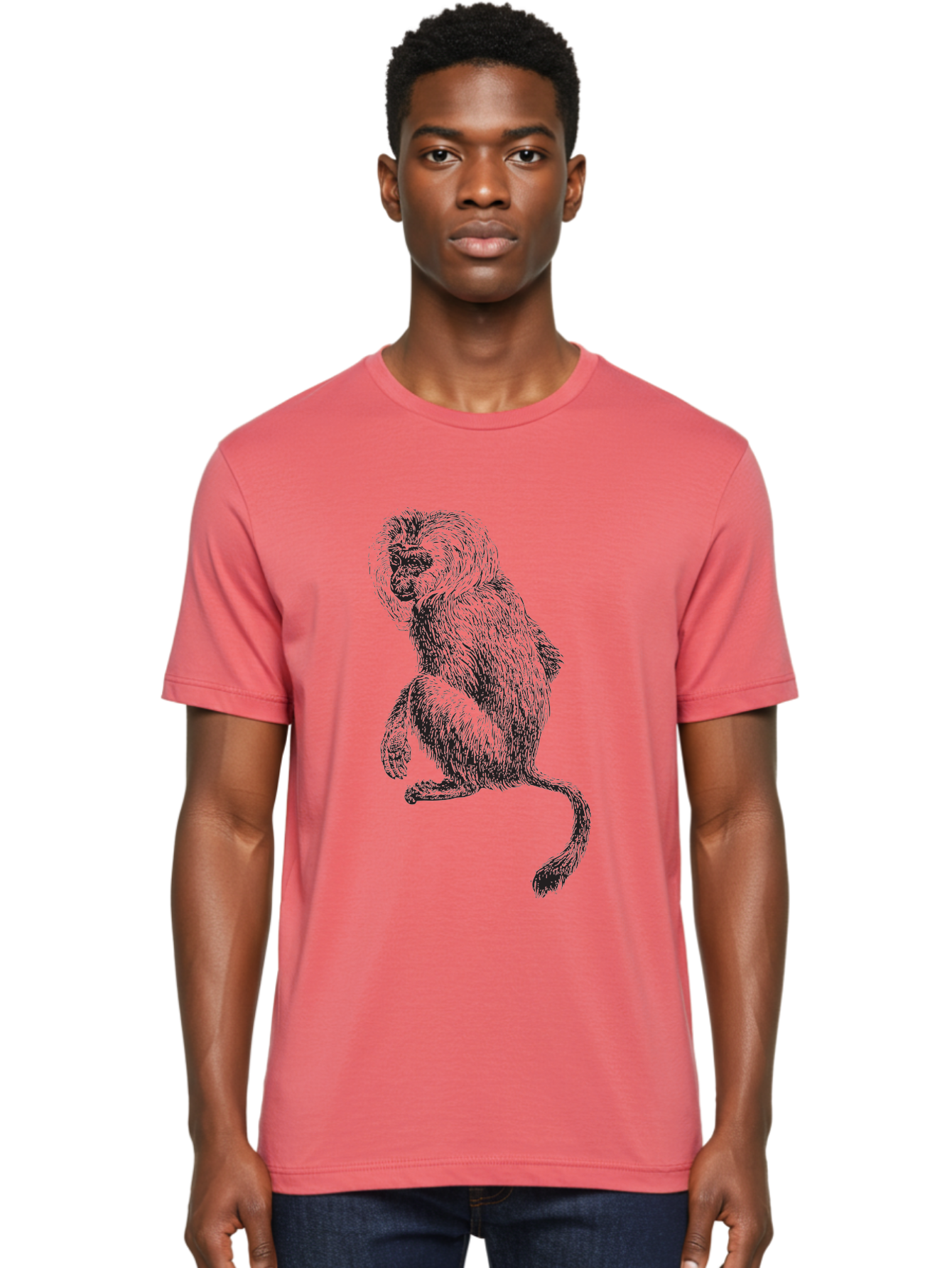 Monkey-Illustration Men'S Graphic Tee, 100% Cotton, Comfortable Casual Summer Wear, Machine Washable, Monkey Sketch, Primate Art, Wild Animal Drawing, Furry Creature, Tail Swish, Wildlife Illustration, Animal Graphics, Monkey Face, Aad917