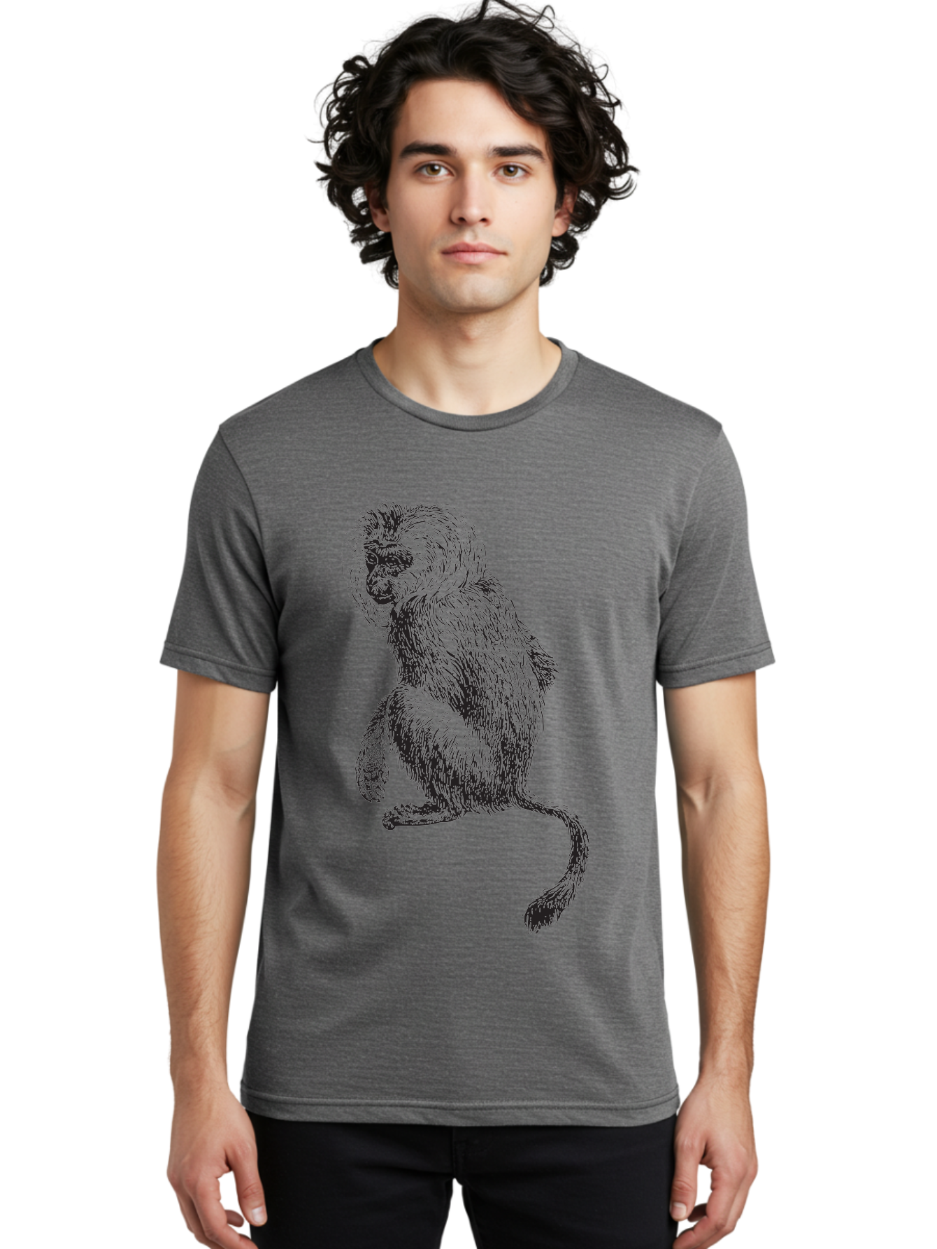 Monkey-Illustration Men'S Graphic Tee, 100% Cotton, Comfortable Casual Summer Wear, Machine Washable, Monkey Sketch, Primate Art, Wild Animal Drawing, Furry Creature, Tail Swish, Wildlife Illustration, Animal Graphics, Monkey Face, Aad917
