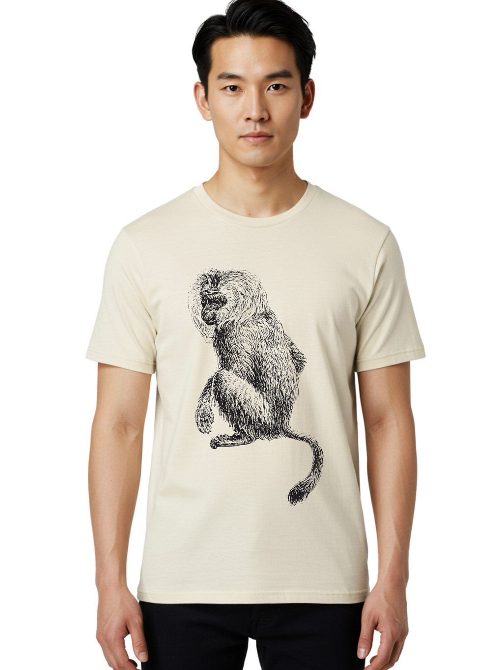 Monkey-Illustration Men'S Graphic Tee, 100% Cotton, Comfortable Casual Summer Wear, Machine Washable, Monkey Sketch, Primate Art, Wild Animal Drawing, Furry Creature, Tail Swish, Wildlife Illustration, Animal Graphics, Monkey Face, Aad917