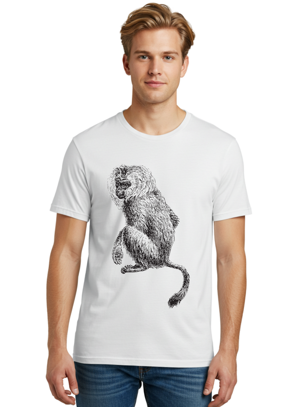 Monkey-Illustration Men'S Graphic Tee, 100% Cotton, Comfortable Casual Summer Wear, Machine Washable, Monkey Sketch, Primate Art, Wild Animal Drawing, Furry Creature, Tail Swish, Wildlife Illustration, Animal Graphics, Monkey Face, Aad917