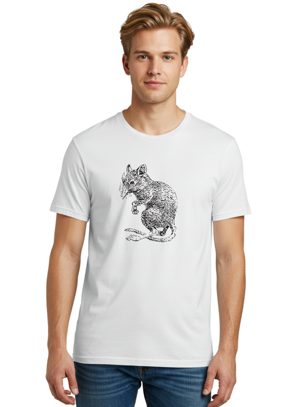 Mouse Men'S Graphic Tee, 100% Cotton, Comfortable Casual Summer Wear, Machine Washable, Mouse Illustration, Rodent Drawing, Small Mammal, Black And White Artwork, Detailed Fur Texture, Whiskers, Cartoon Style, Minimalist Design Aad918
