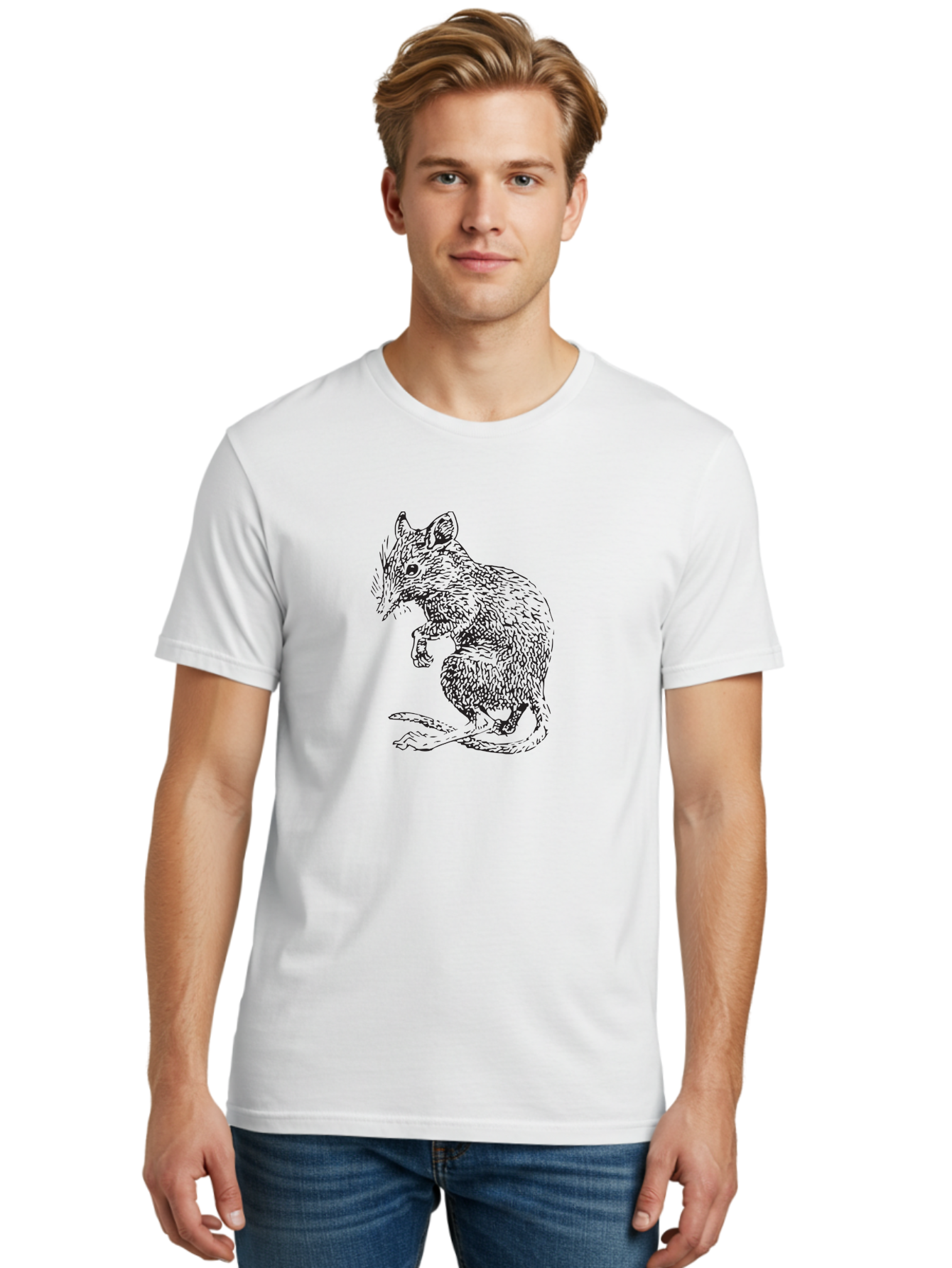 Mouse Men'S Graphic Tee, 100% Cotton, Comfortable Casual Summer Wear, Machine Washable, Mouse Illustration, Rodent Drawing, Small Mammal, Black And White Artwork, Detailed Fur Texture, Whiskers, Cartoon Style, Minimalist Design Aad918