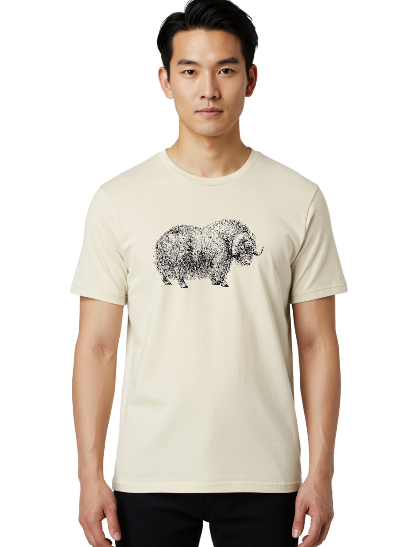 Musk-Ox Men'S Graphic Tee, 100% Cotton, Comfortable Casual Summer Wear, Machine Washable, Muskox Illustration, Detailed Line Art, Wild Animal Portrait, Shaggy Fur, Horned Creature, Arctic Wildlife, Nature Sketch Aad919