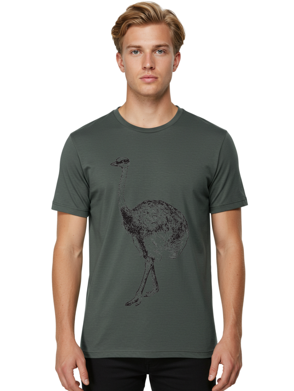 Ostrich-Illustration Men'S Graphic Tee, 100% Cotton, Comfortable Casual Summer Wear, Machine Washable, Ostrich Illustration, Bird Drawing, Wildlife Art, Long Neck, Large Bird, Natural History, Fauna, Wild Animal, Pen And Ink, Graphic Design Aad920