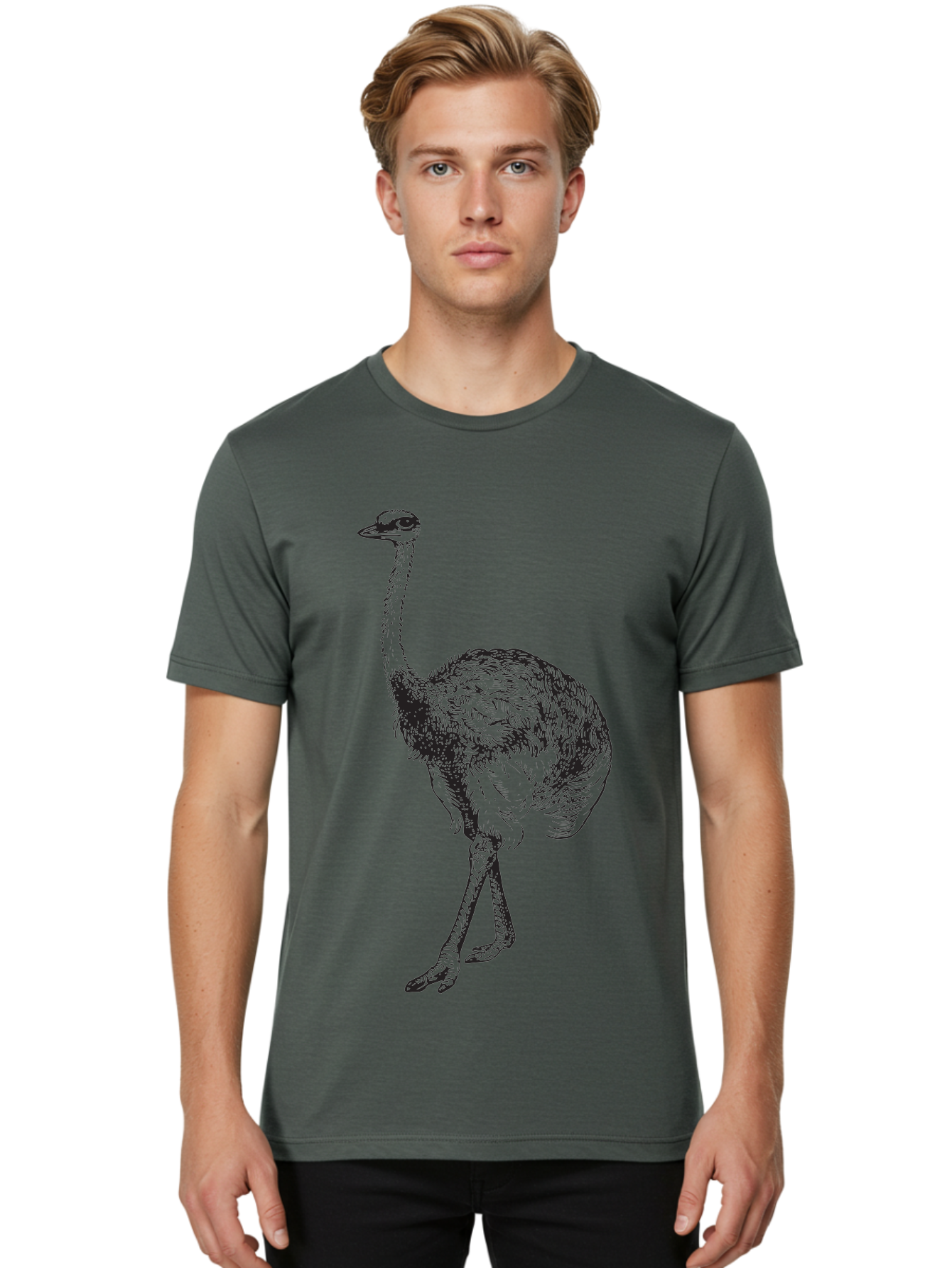 Ostrich-Illustration Men'S Graphic Tee, 100% Cotton, Comfortable Casual Summer Wear, Machine Washable, Ostrich Illustration, Bird Drawing, Wildlife Art, Long Neck, Large Bird, Natural History, Fauna, Wild Animal, Pen And Ink, Graphic Design Aad920