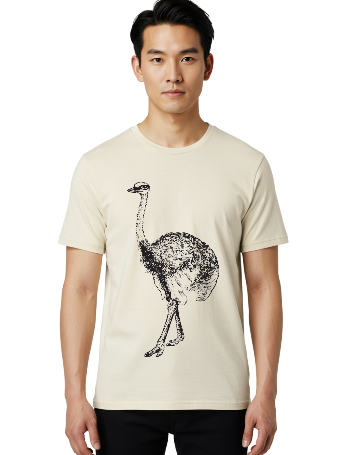 Ostrich-Illustration Men'S Graphic Tee, 100% Cotton, Comfortable Casual Summer Wear, Machine Washable, Ostrich Illustration, Bird Drawing, Wildlife Art, Long Neck, Large Bird, Natural History, Fauna, Wild Animal, Pen And Ink, Graphic Design Aad920
