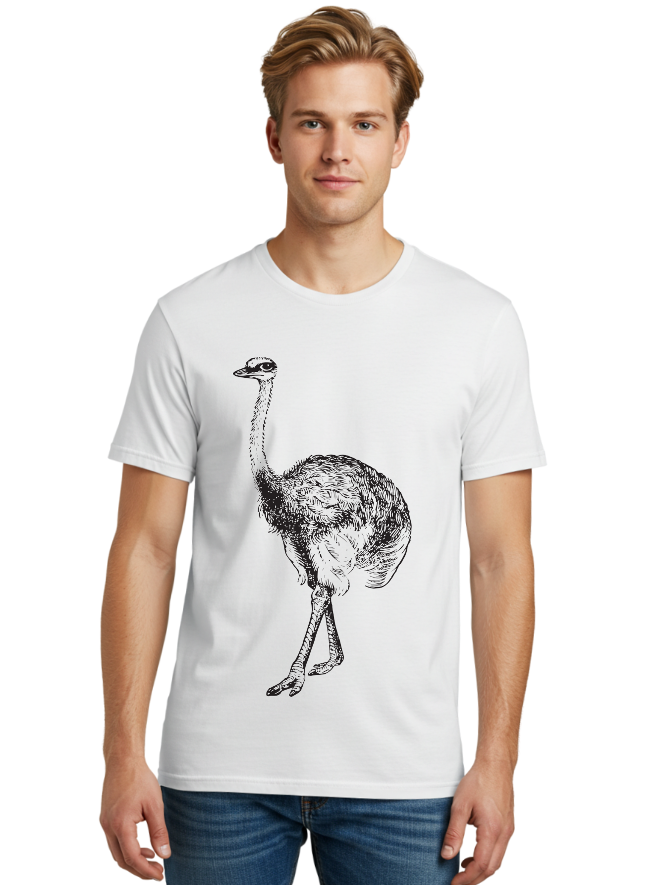 Ostrich-Illustration Men'S Graphic Tee, 100% Cotton, Comfortable Casual Summer Wear, Machine Washable, Ostrich Illustration, Bird Drawing, Wildlife Art, Long Neck, Large Bird, Natural History, Fauna, Wild Animal, Pen And Ink, Graphic Design Aad920