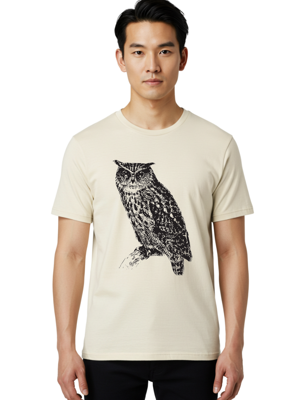 Owl Men'S Graphic Tee, 100% Cotton, Comfortable Casual Summer Wear, Machine Washable, Owl Perched On Branch, Nocturnal Bird, Wise Eyes, Spotted Feathers, Mysterious Creature, Wildlife Art, Nature Illustration, Birdwatching, Aad921