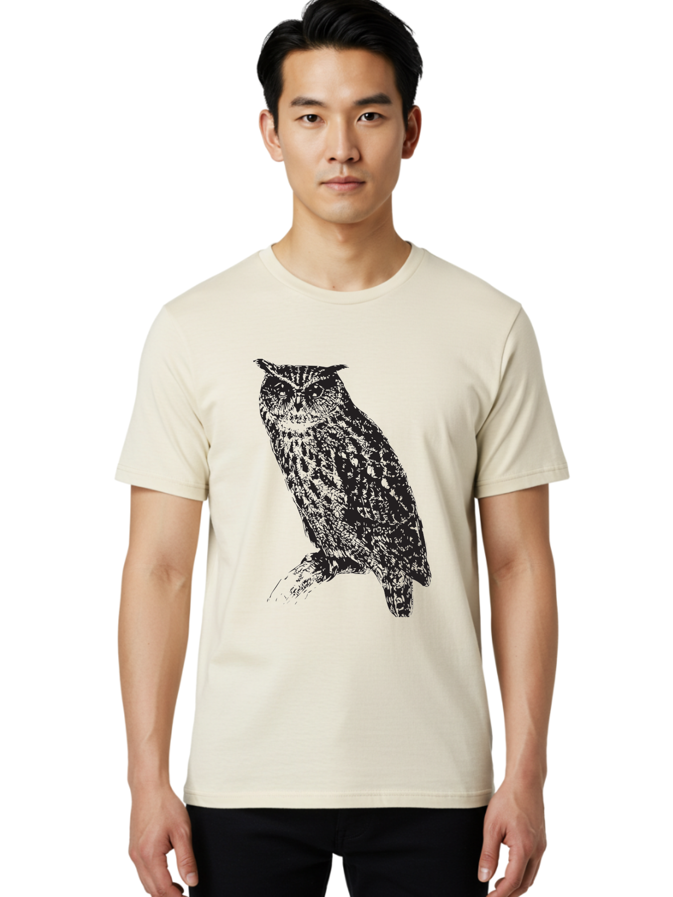 Owl Men'S Graphic Tee, 100% Cotton, Comfortable Casual Summer Wear, Machine Washable, Owl Perched On Branch, Nocturnal Bird, Wise Eyes, Spotted Feathers, Mysterious Creature, Wildlife Art, Nature Illustration, Birdwatching, Aad921