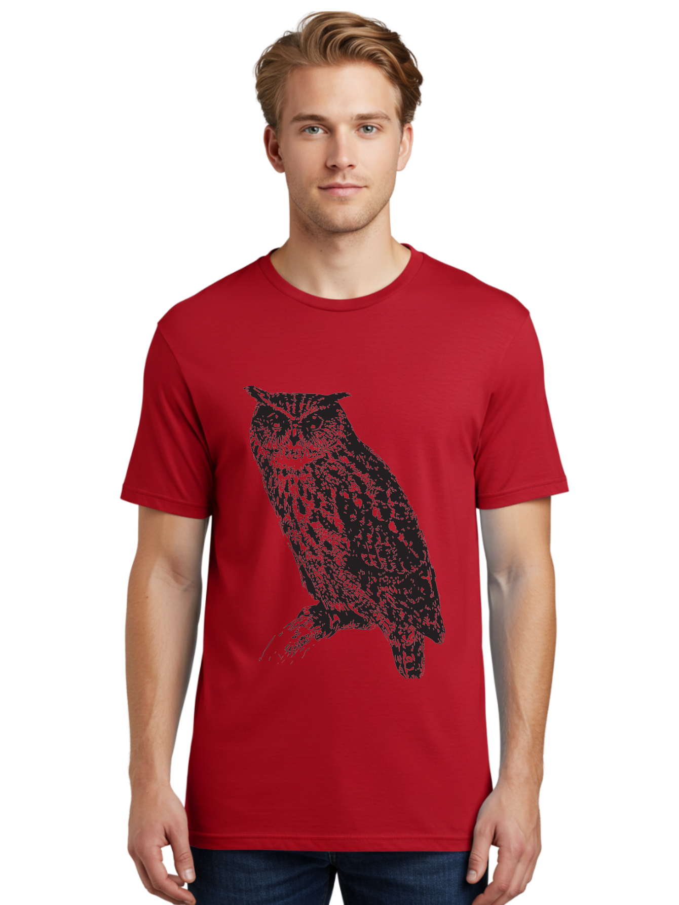 Owl Men'S Graphic Tee, 100% Cotton, Comfortable Casual Summer Wear, Machine Washable, Owl Perched On Branch, Nocturnal Bird, Wise Eyes, Spotted Feathers, Mysterious Creature, Wildlife Art, Nature Illustration, Birdwatching, Aad921