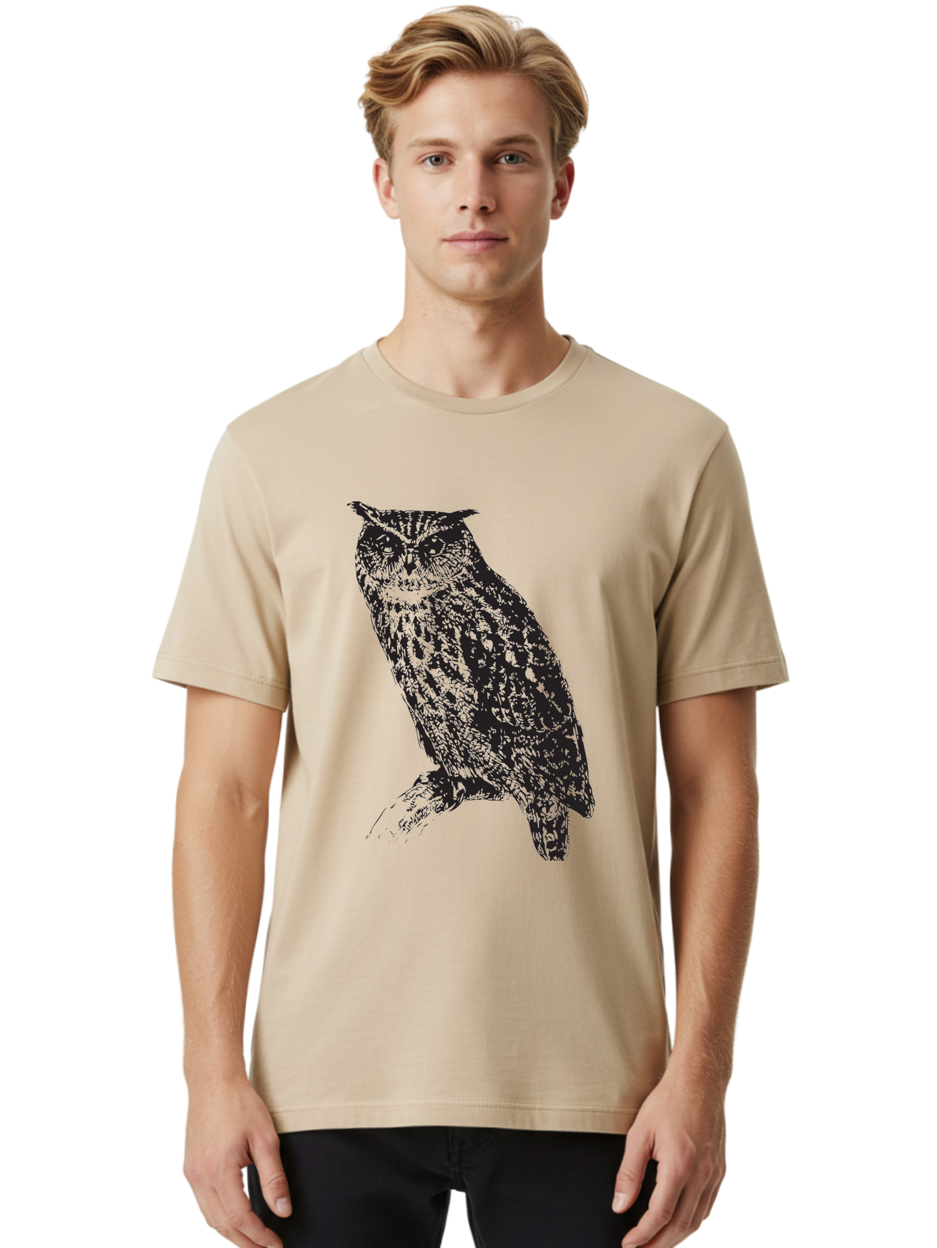 Owl Men'S Graphic Tee, 100% Cotton, Comfortable Casual Summer Wear, Machine Washable, Owl Perched On Branch, Nocturnal Bird, Wise Eyes, Spotted Feathers, Mysterious Creature, Wildlife Art, Nature Illustration, Birdwatching, Aad921