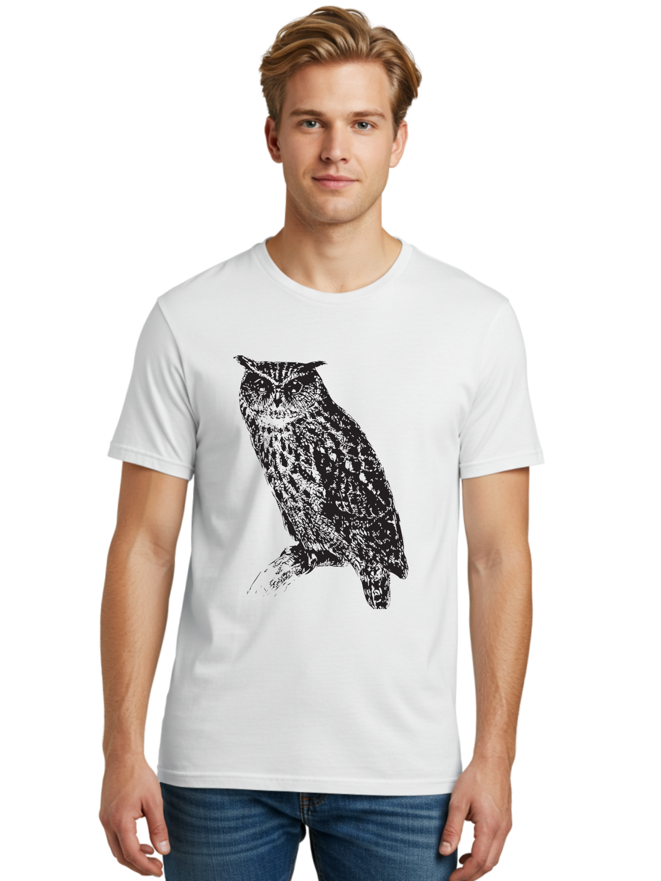Owl Men'S Graphic Tee, 100% Cotton, Comfortable Casual Summer Wear, Machine Washable, Owl Perched On Branch, Nocturnal Bird, Wise Eyes, Spotted Feathers, Mysterious Creature, Wildlife Art, Nature Illustration, Birdwatching, Aad921