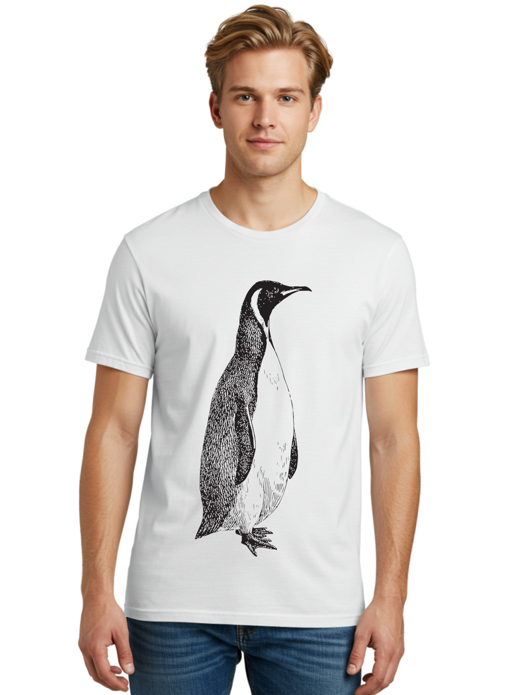 Penguin Men'S Graphic Tee, 100% Cotton, Comfortable Casual Summer Wear, Machine Washable, Penguin Illustration, Black And White Penguin, Detailed Artwork, Wildlife Graphic, Stylized Bird, Antarctic Bird, Tuxedo Bird, Flightless Bird, Aad924