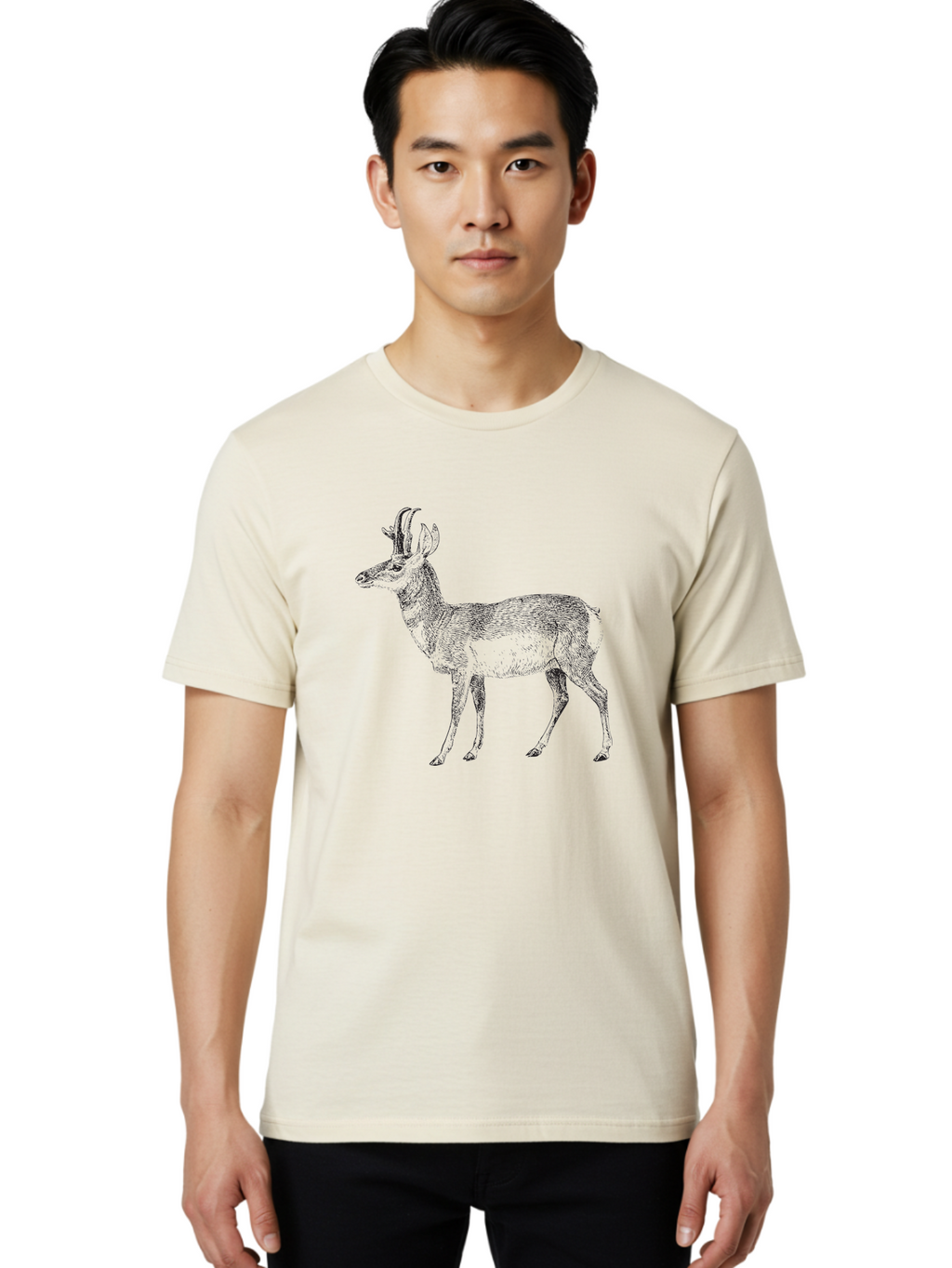 Pronghorn-Antelope Men'S Graphic Tee, 100% Cotton, Comfortable Casual Summer Wear, Machine Washable, Deer Illustration, Black And White Deer, Wildlife Art, Animal Drawing, Forest Creature, Wildlife Graphic, Antlered Mammal, Woodland Animal Aad929