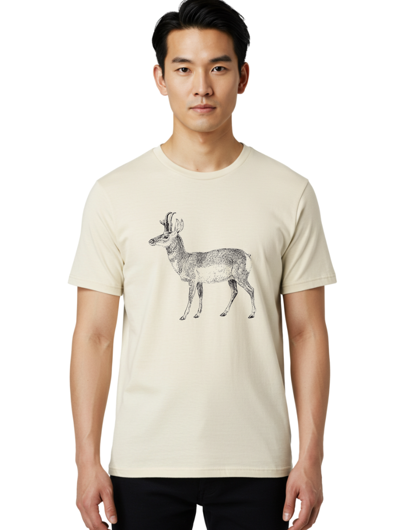Pronghorn-Antelope Men'S Graphic Tee, 100% Cotton, Comfortable Casual Summer Wear, Machine Washable, Deer Illustration, Black And White Deer, Wildlife Art, Animal Drawing, Forest Creature, Wildlife Graphic, Antlered Mammal, Woodland Animal Aad929