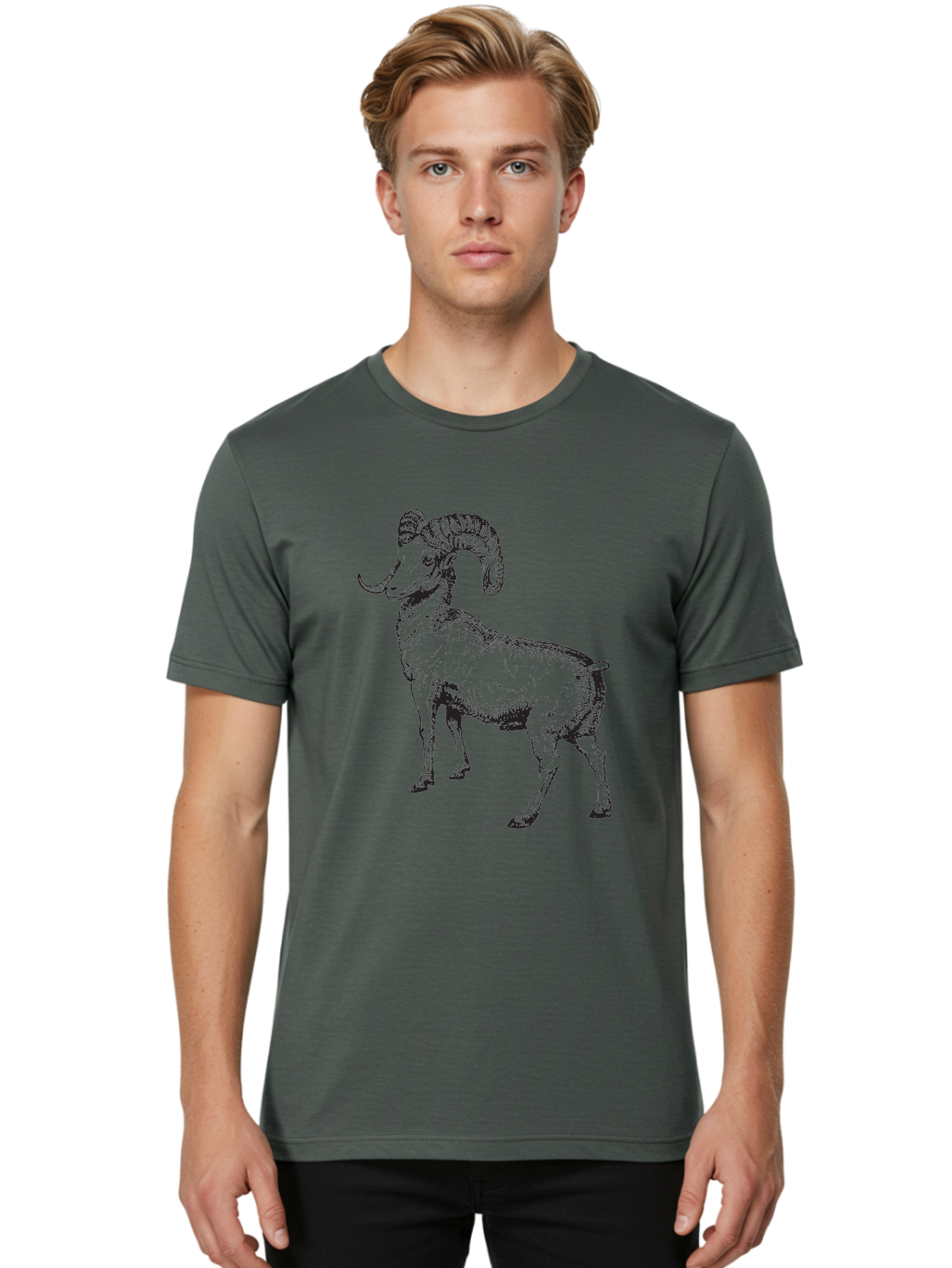 Ram Men'S Graphic Tee, 100% Cotton, Comfortable Casual Summer Wear, Machine Washable, Large Ram, Curved Horns, Wild Animal, Livestock, Farm Animal, Strong, Majestic, Nature, Wildlife, Outdoors, Rugged Aad934