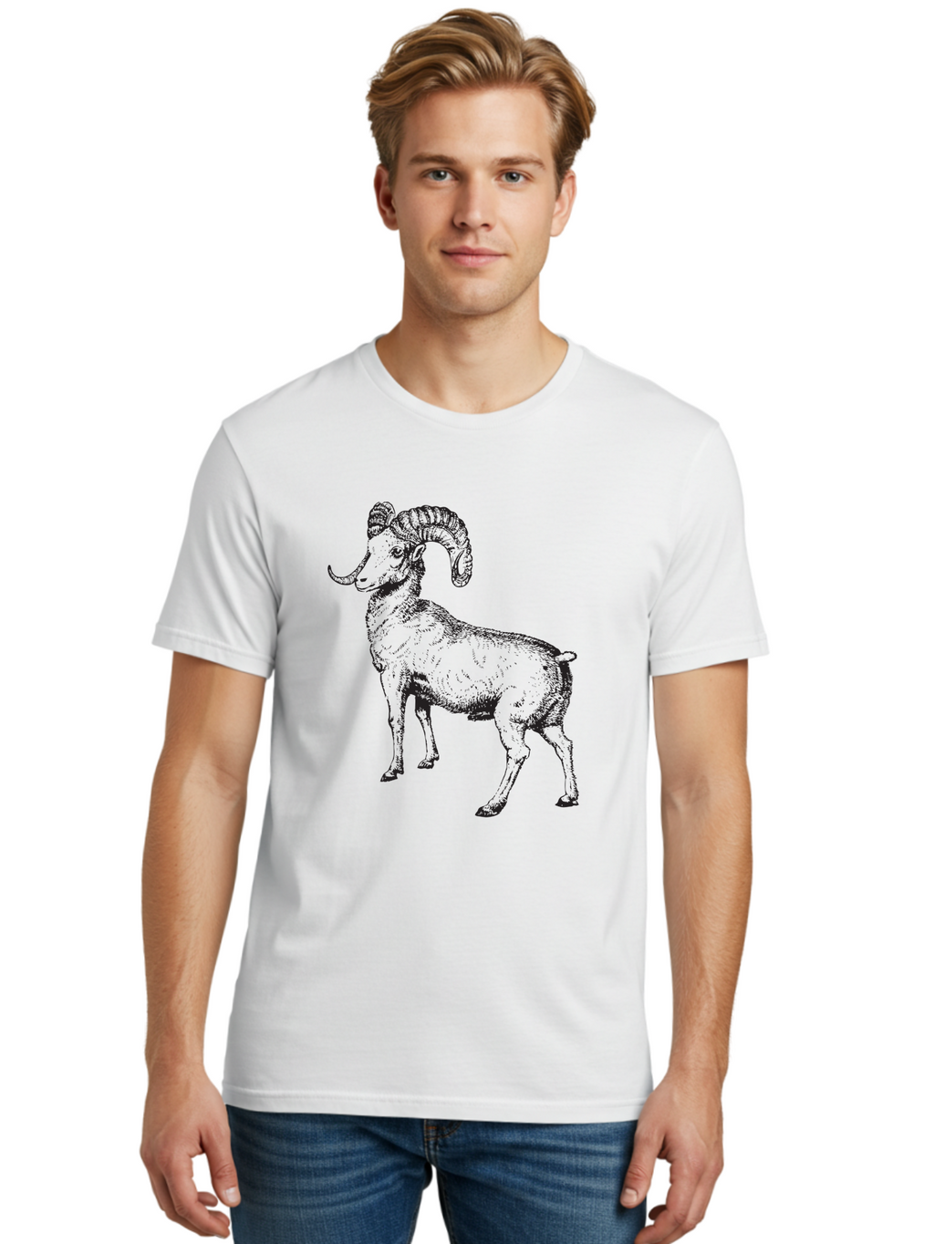 Ram Men'S Graphic Tee, 100% Cotton, Comfortable Casual Summer Wear, Machine Washable, Large Ram, Curved Horns, Wild Animal, Livestock, Farm Animal, Strong, Majestic, Nature, Wildlife, Outdoors, Rugged Aad934