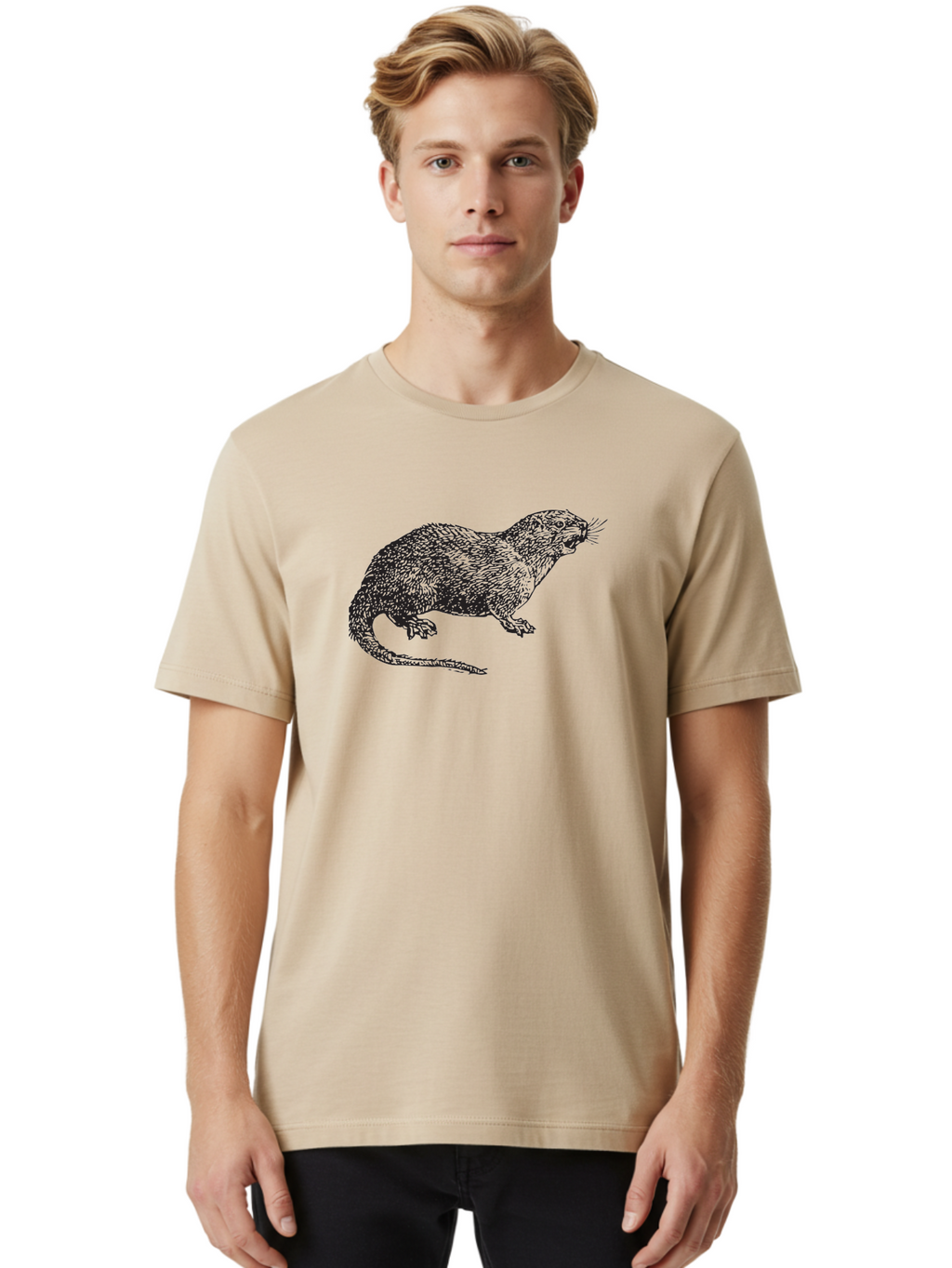 Rat-Illustration Men'S Graphic Tee, 100% Cotton, Comfortable Casual Summer Wear, Machine Washable, Mongoose Illustration, Wildlife Art, Animal Portrait, Detailed Sketch, Furry Creature, Whiskers, Sharp Teeth, Carnivorous Mammal, Exotic Animal, Aad937