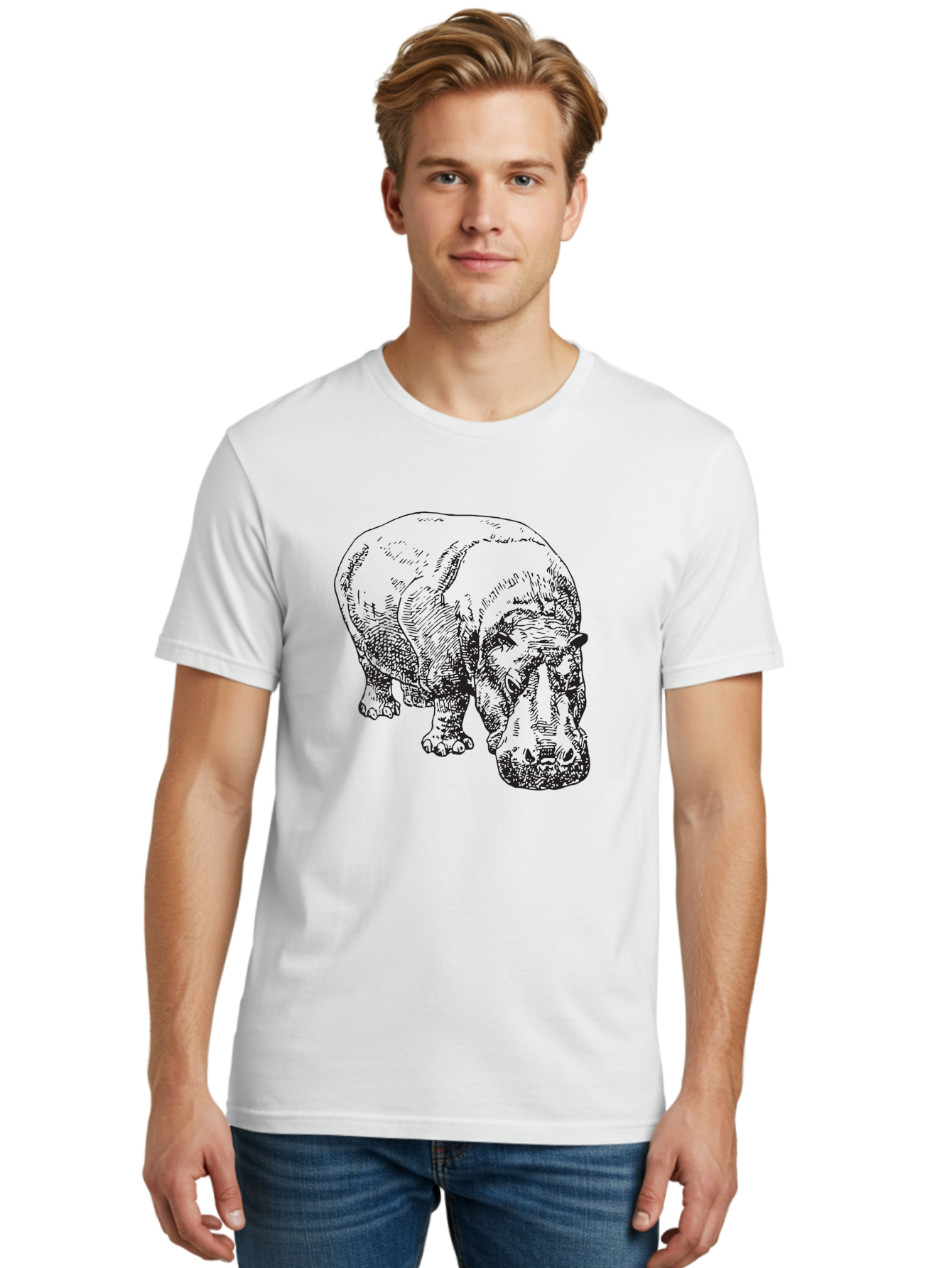 Rhinoceros-1 Men'S Graphic Tee, 100% Cotton, Comfortable Casual Summer Wear, Machine Washable, Rhinoceros Illustration, Detailed Drawing, Wildlife Art, Black And Green, Rhino Portrait, Wild Animal, Engraved Style, Nature Graphic, Animal Design Aad939
