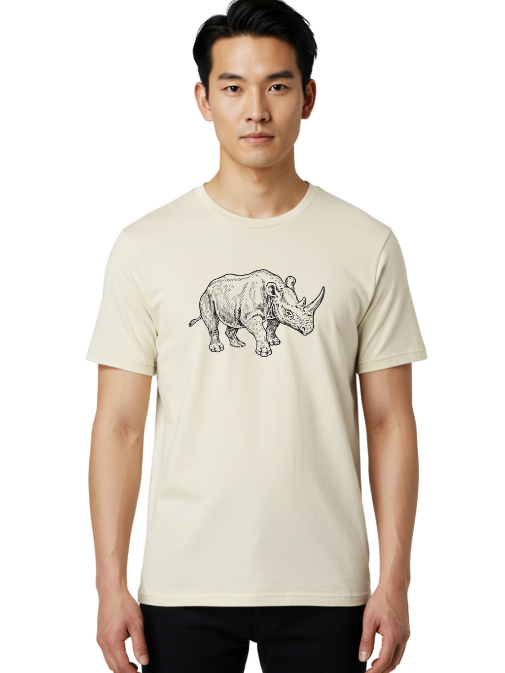 Rhinoceros-Sketch Men'S Graphic Tee, 100% Cotton, Comfortable Casual Summer Wear, Machine Washable, Rhinoceros Illustration, Wildlife Art, Black And White Drawing, Rhino Portrait, Animal Graphics, Hand-Drawn Rhinoceros, Detailed Illustration Aad940