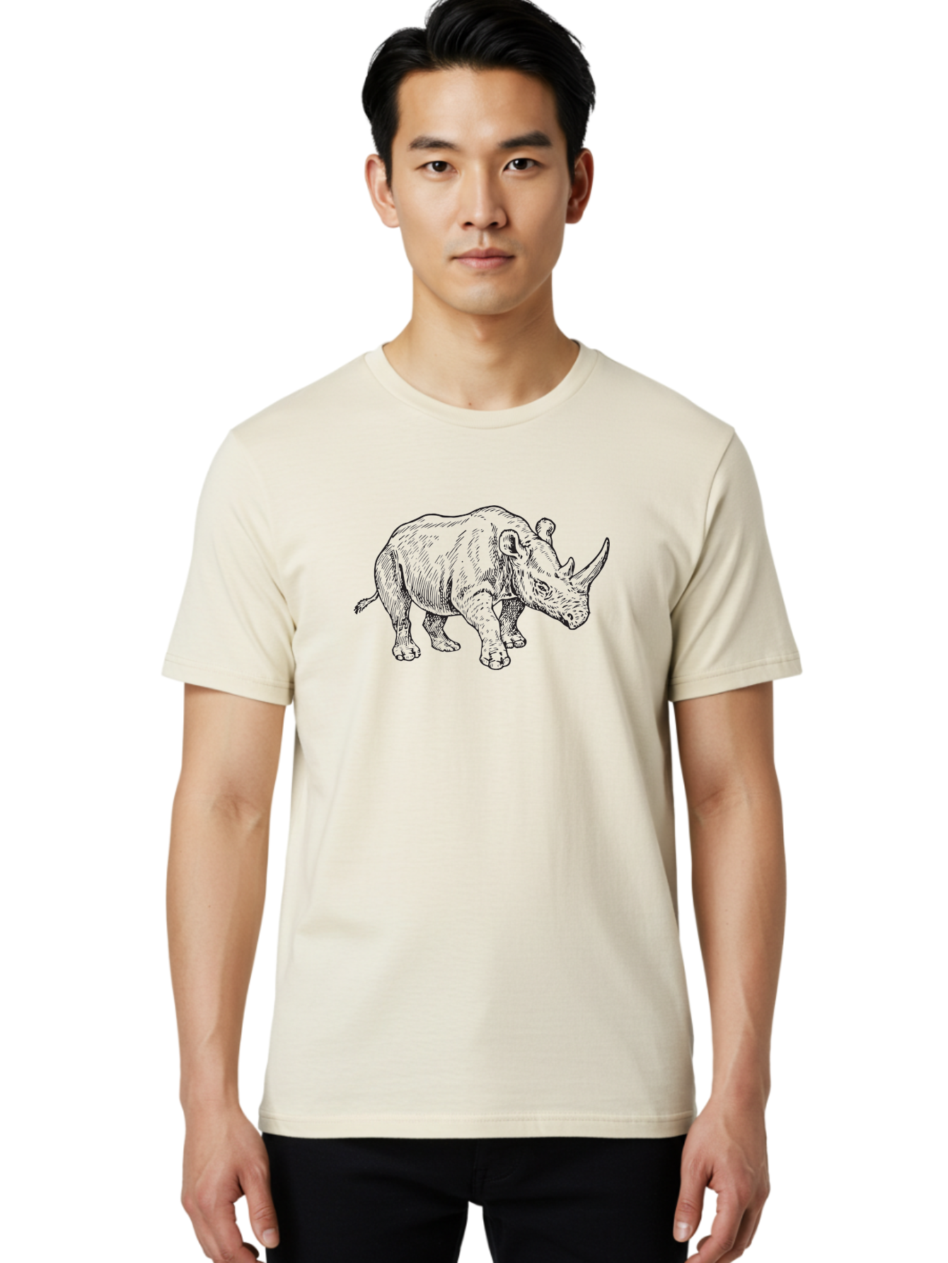 Rhinoceros-Sketch Men'S Graphic Tee, 100% Cotton, Comfortable Casual Summer Wear, Machine Washable, Rhinoceros Illustration, Wildlife Art, Black And White Drawing, Rhino Portrait, Animal Graphics, Hand-Drawn Rhinoceros, Detailed Illustration Aad940