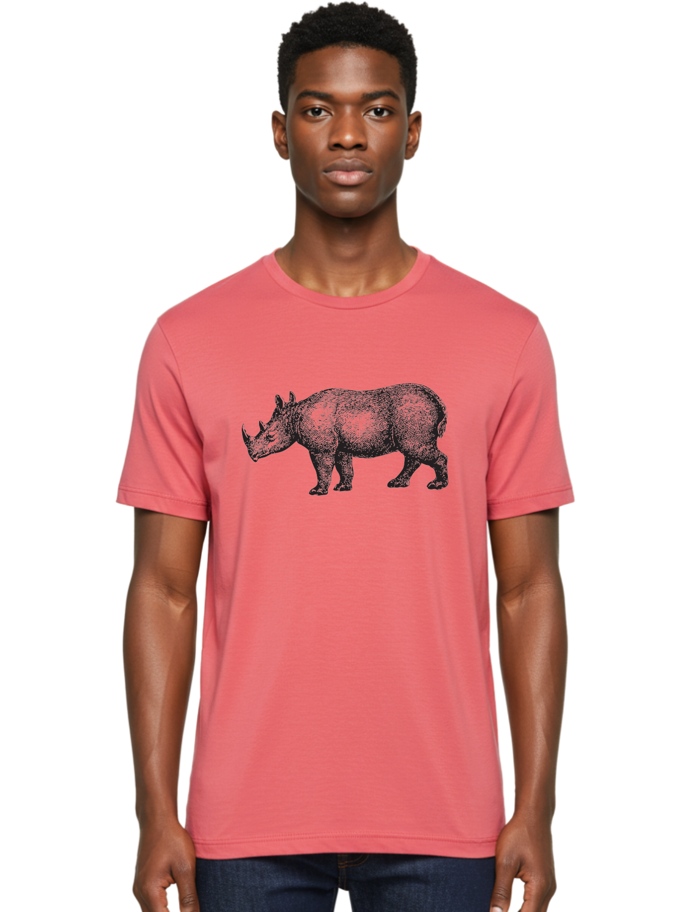 Rhinoceros Men'S Graphic Tee, 100% Cotton, Comfortable Casual Summer Wear, Machine Washable, Rhinoceros, Wildlife, Black And Green Illustration, Endangered Species, Wild Animal, Rhino Horn, Cross-Hatching Technique, Detailed Artwork, Aad941