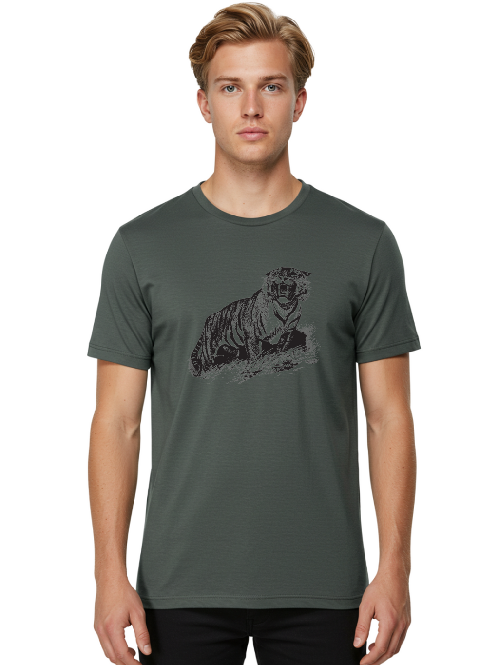 Roaring-Tiger Men'S Graphic Tee, 100% Cotton, Comfortable Casual Summer Wear, Machine Washable, Aggressive Tiger, Large Cat, Wild Animal, Striped Fur, Sharp Teeth, Fierce Expression, Powerful Pose, Forest Creature, Wildlife Art Aad942