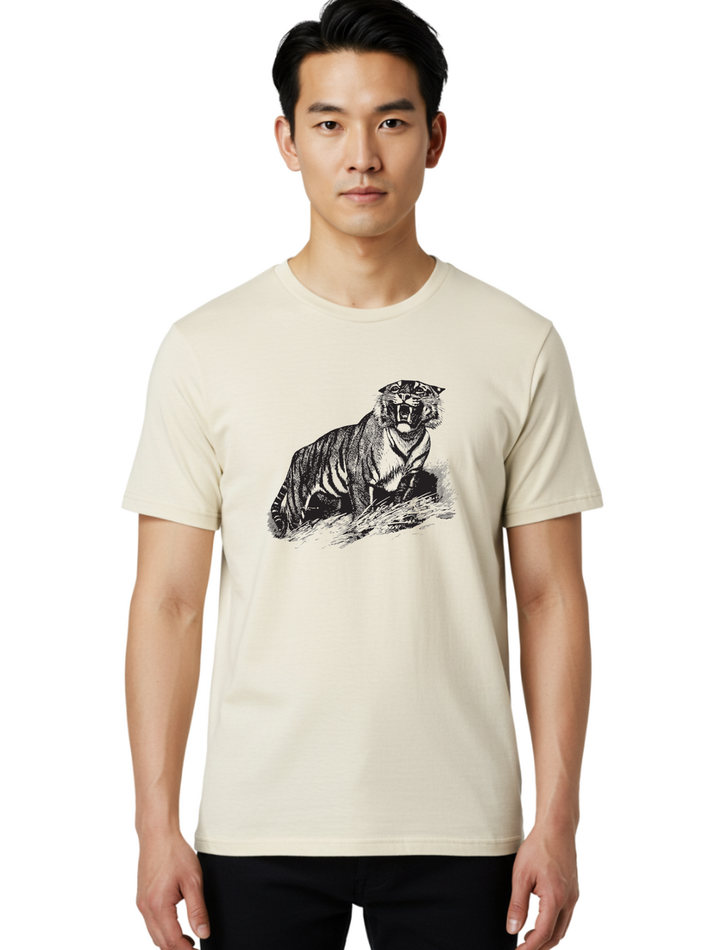 Roaring-Tiger Men'S Graphic Tee, 100% Cotton, Comfortable Casual Summer Wear, Machine Washable, Aggressive Tiger, Large Cat, Wild Animal, Striped Fur, Sharp Teeth, Fierce Expression, Powerful Pose, Forest Creature, Wildlife Art Aad942