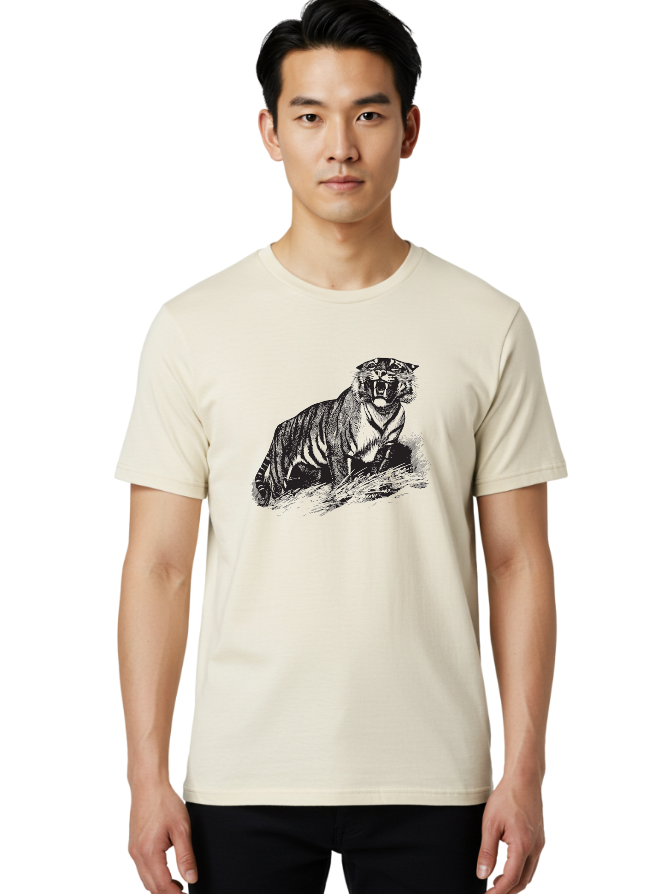 Roaring-Tiger Men'S Graphic Tee, 100% Cotton, Comfortable Casual Summer Wear, Machine Washable, Aggressive Tiger, Large Cat, Wild Animal, Striped Fur, Sharp Teeth, Fierce Expression, Powerful Pose, Forest Creature, Wildlife Art Aad942