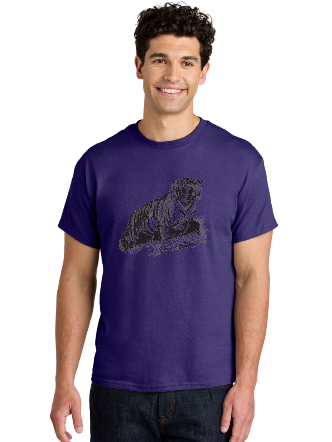 Roaring-Tiger Men'S Graphic Tee, 100% Cotton, Comfortable Casual Summer Wear, Machine Washable, Aggressive Tiger, Large Cat, Wild Animal, Striped Fur, Sharp Teeth, Fierce Expression, Powerful Pose, Forest Creature, Wildlife Art Aad942