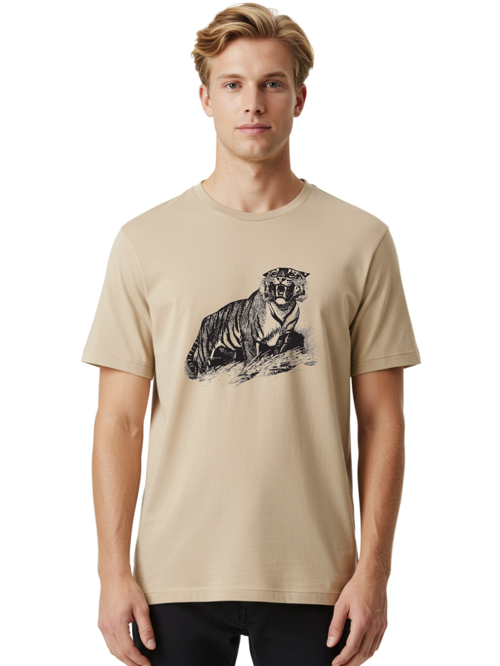 Roaring-Tiger Men'S Graphic Tee, 100% Cotton, Comfortable Casual Summer Wear, Machine Washable, Aggressive Tiger, Large Cat, Wild Animal, Striped Fur, Sharp Teeth, Fierce Expression, Powerful Pose, Forest Creature, Wildlife Art Aad942