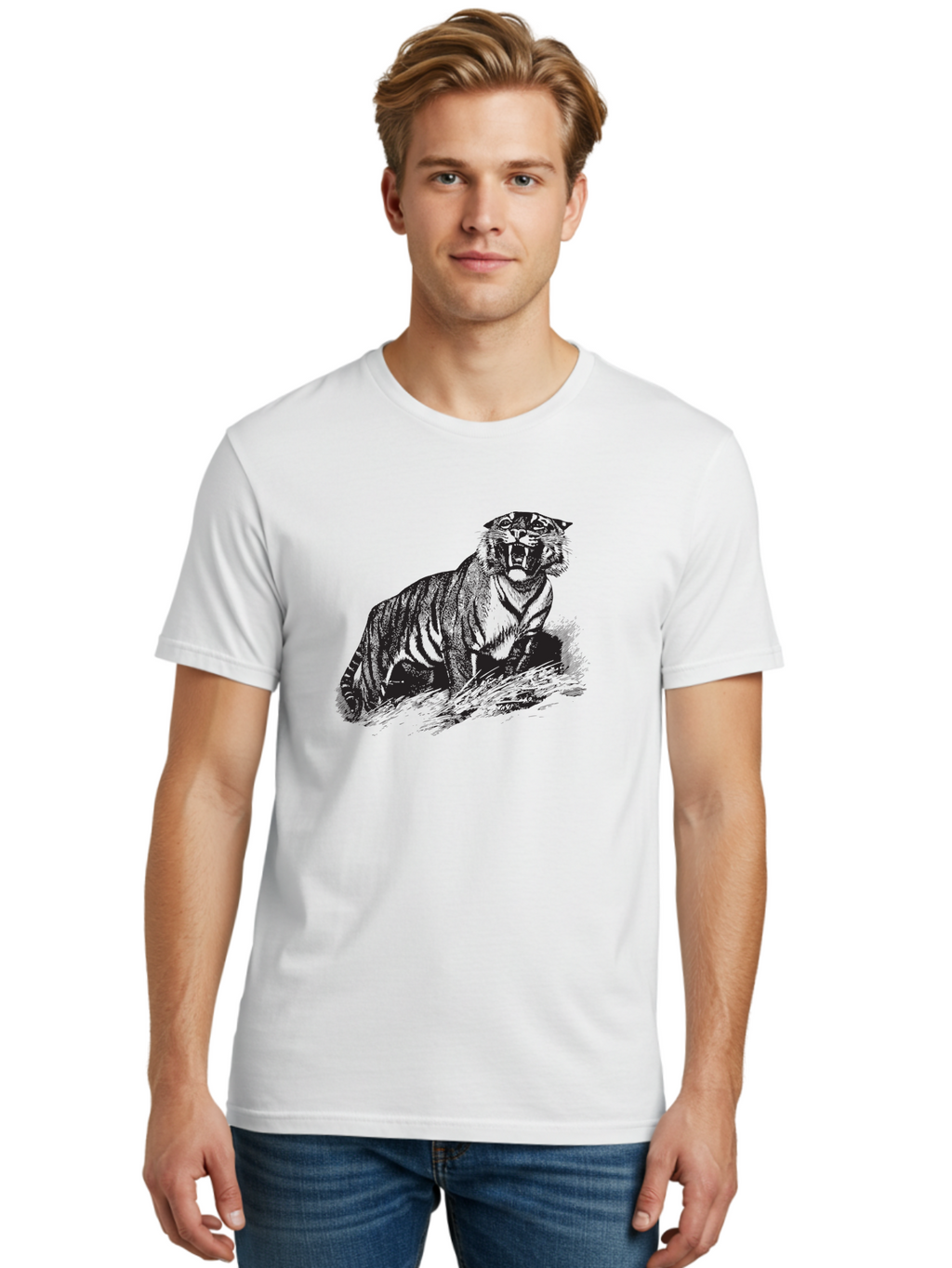 Roaring-Tiger Men'S Graphic Tee, 100% Cotton, Comfortable Casual Summer Wear, Machine Washable, Aggressive Tiger, Large Cat, Wild Animal, Striped Fur, Sharp Teeth, Fierce Expression, Powerful Pose, Forest Creature, Wildlife Art Aad942