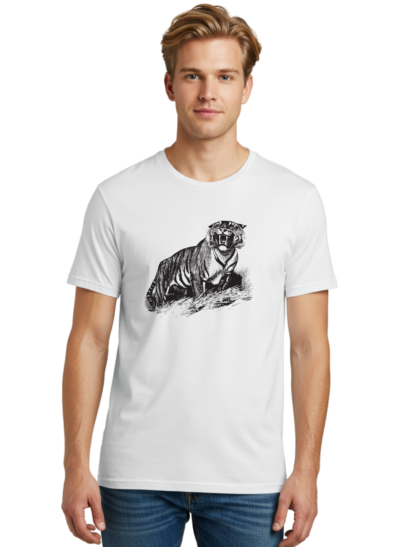 Roaring-Tiger Men'S Graphic Tee, 100% Cotton, Comfortable Casual Summer Wear, Machine Washable, Aggressive Tiger, Large Cat, Wild Animal, Striped Fur, Sharp Teeth, Fierce Expression, Powerful Pose, Forest Creature, Wildlife Art Aad942