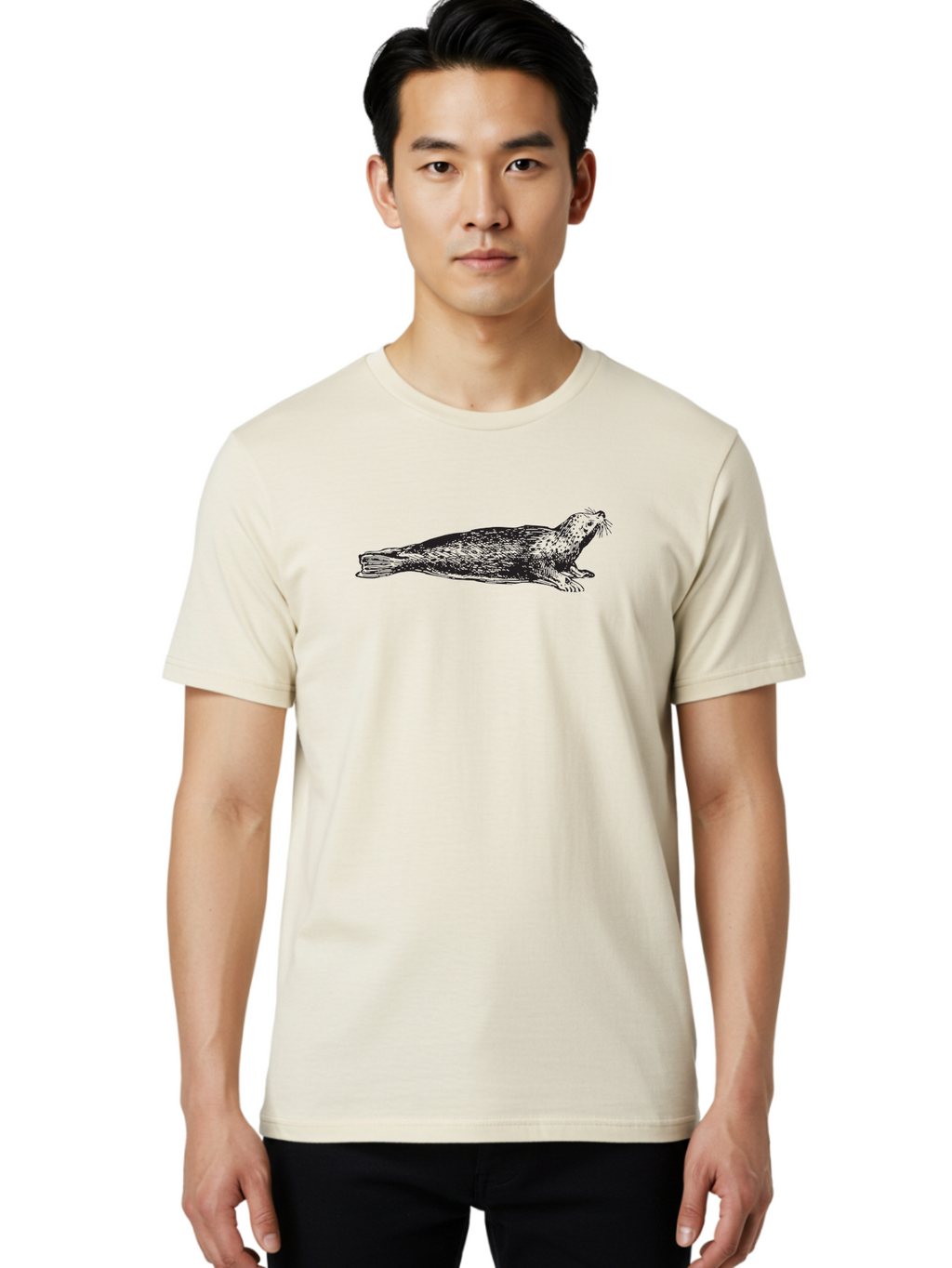 Seal Men'S Graphic Tee, 100% Cotton, Comfortable Casual Summer Wear, Machine Washable, Seal Illustration, Marine Mammal, Ocean Creature, Wildlife Art, Fur Texture, Whiskers, Fins, Hand-Drawn Style, Black Lines Aad946