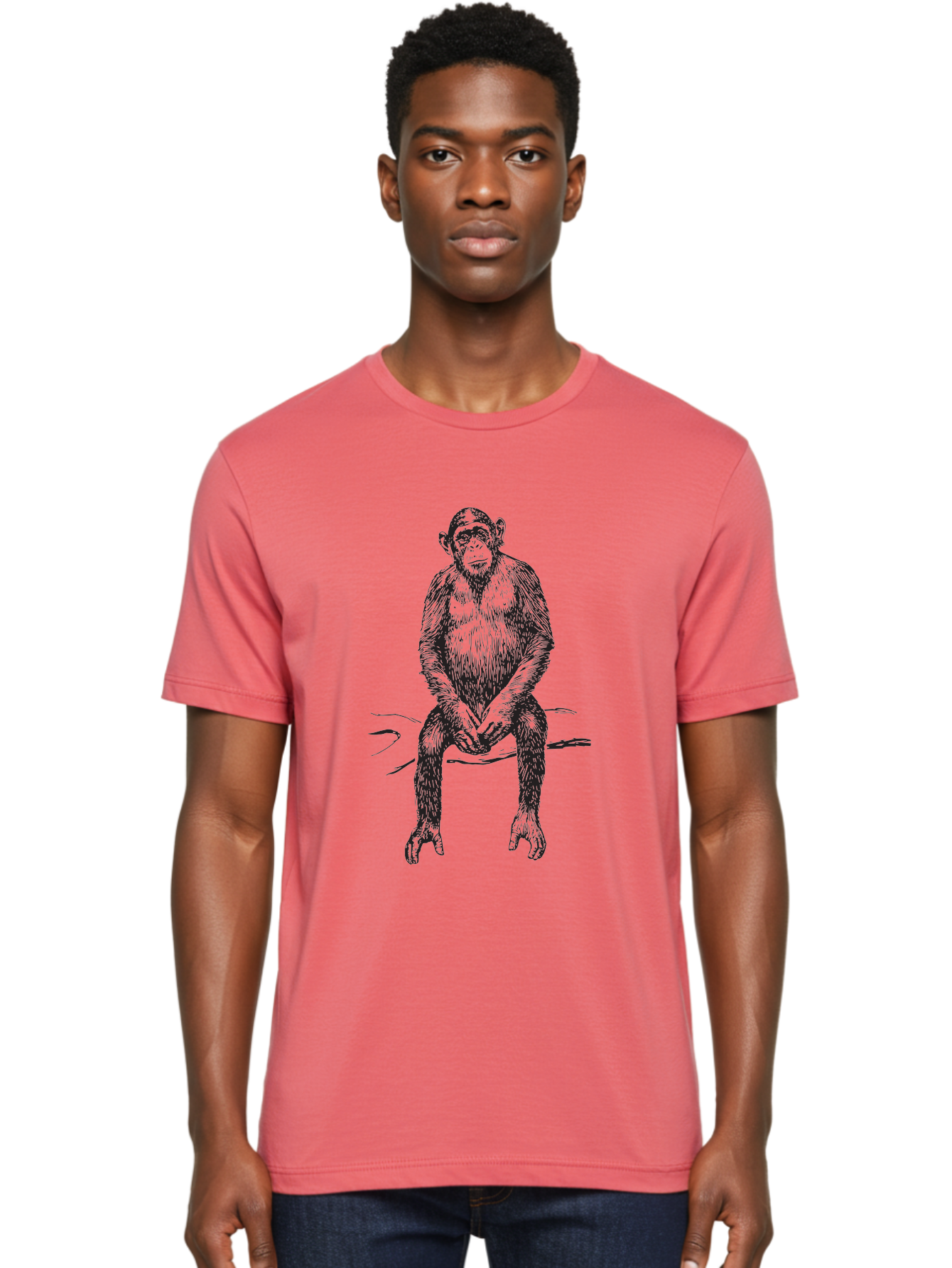 Sitting-Monkey Men'S Graphic Tee, 100% Cotton, Comfortable Casual Summer Wear, Machine Washable, Chimpanzee Sitting, Primate Illustration, Monkey Artwork, Wildlife Graphic, Animal Design, Thoughtful Pose, Hand-Drawn Style, Forest Creature Aad948