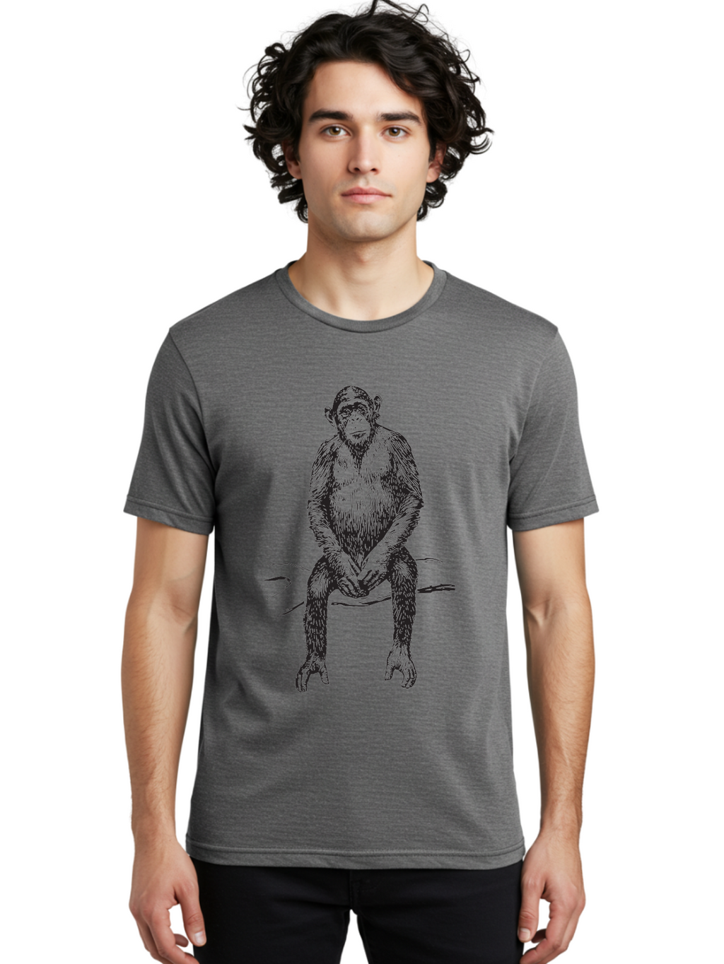 Sitting-Monkey Men'S Graphic Tee, 100% Cotton, Comfortable Casual Summer Wear, Machine Washable, Chimpanzee Sitting, Primate Illustration, Monkey Artwork, Wildlife Graphic, Animal Design, Thoughtful Pose, Hand-Drawn Style, Forest Creature Aad948