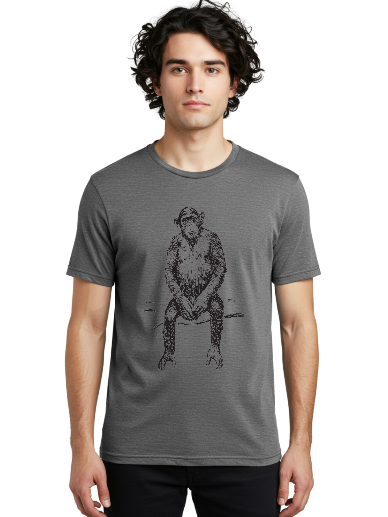 Sitting-Monkey Men'S Graphic Tee, 100% Cotton, Comfortable Casual Summer Wear, Machine Washable, Chimpanzee Sitting, Primate Illustration, Monkey Artwork, Wildlife Graphic, Animal Design, Thoughtful Pose, Hand-Drawn Style, Forest Creature Aad948