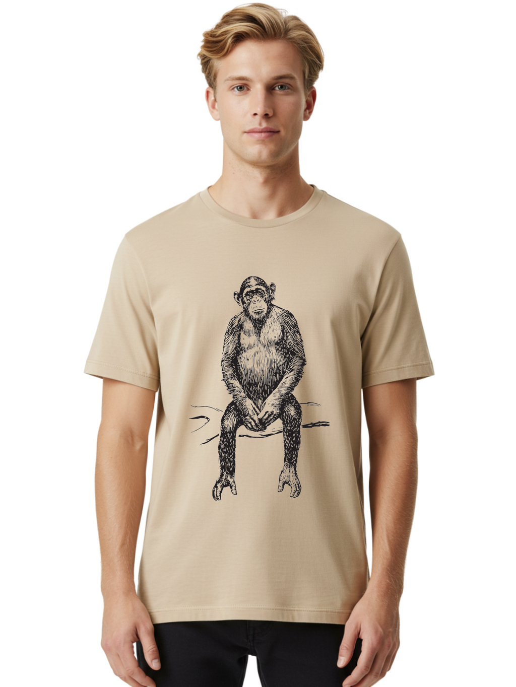 Sitting-Monkey Men'S Graphic Tee, 100% Cotton, Comfortable Casual Summer Wear, Machine Washable, Chimpanzee Sitting, Primate Illustration, Monkey Artwork, Wildlife Graphic, Animal Design, Thoughtful Pose, Hand-Drawn Style, Forest Creature Aad948